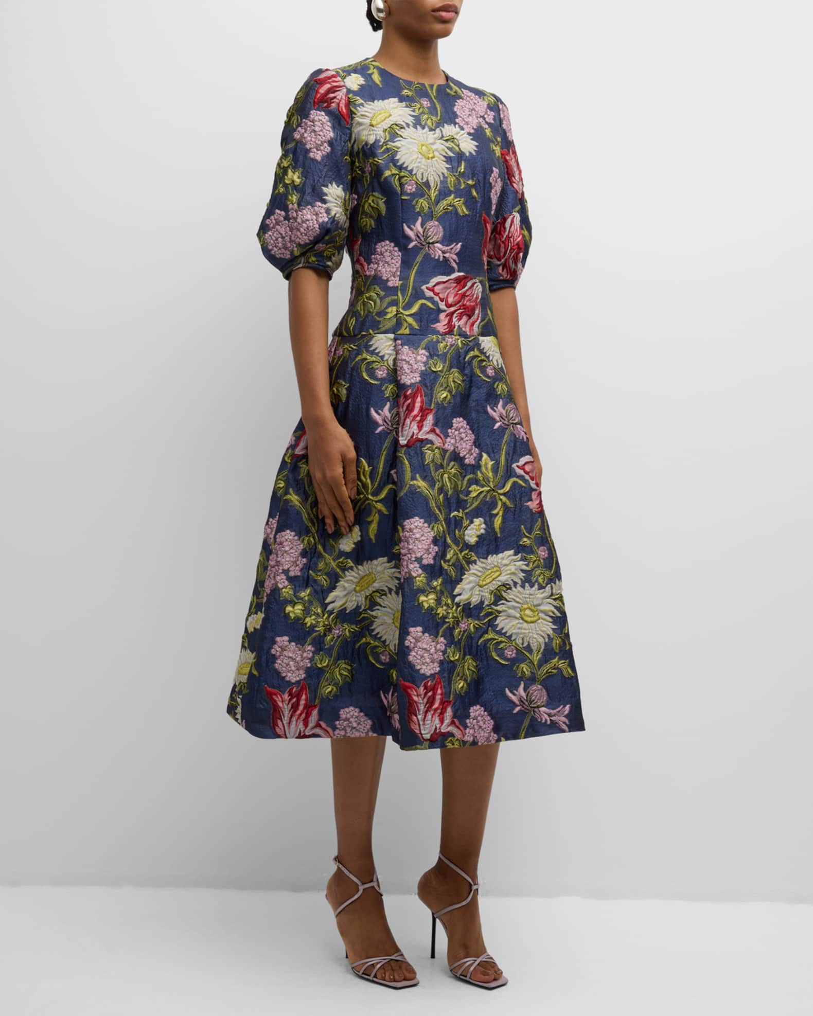 Teri Jon by Rickie Freeman Floral Jacquard Puff Sleeve Women s Cocktail Dress with Drop Waist in Blue Multi Size 8