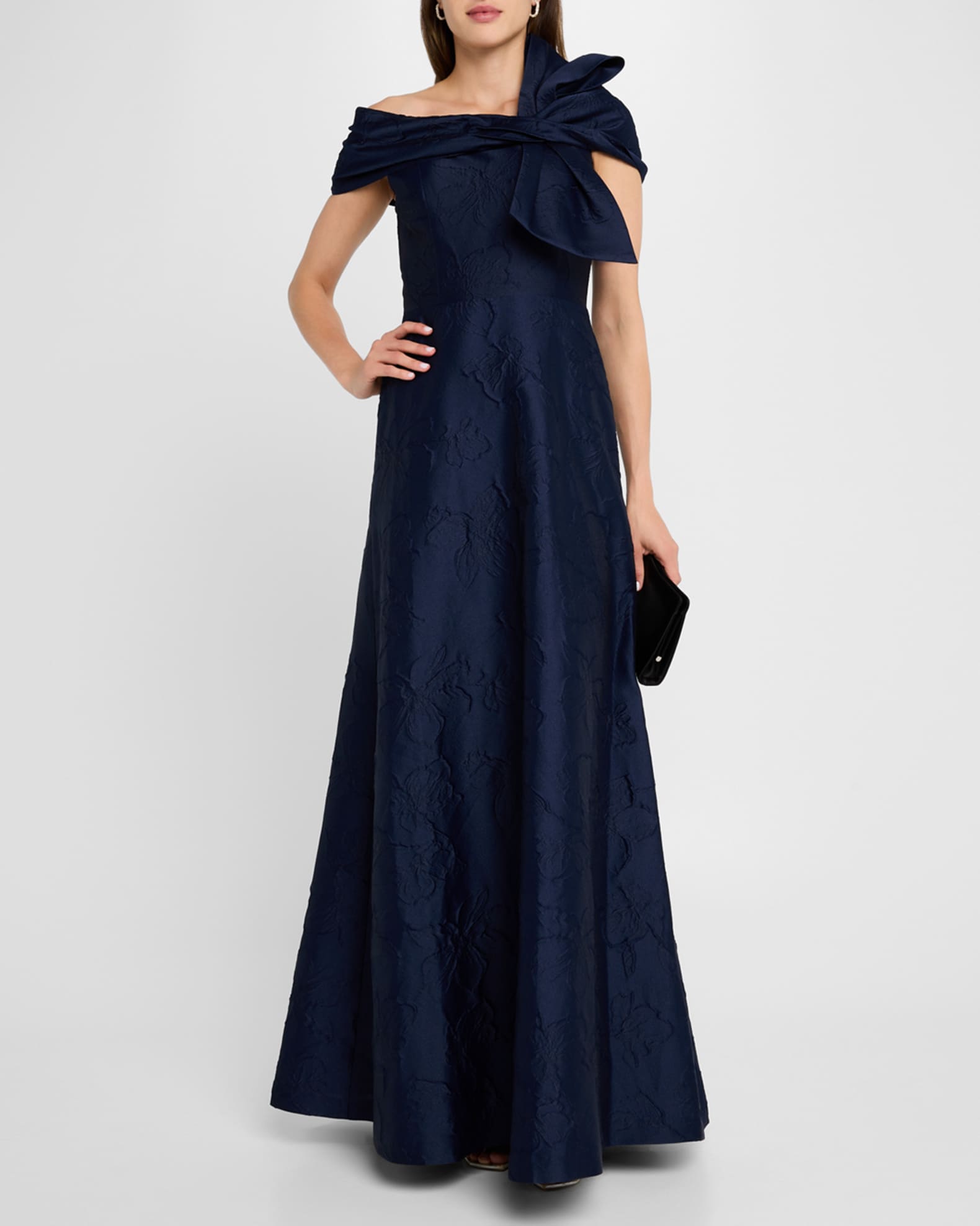 Off Shoulder Floral Jacquard Bow Gown