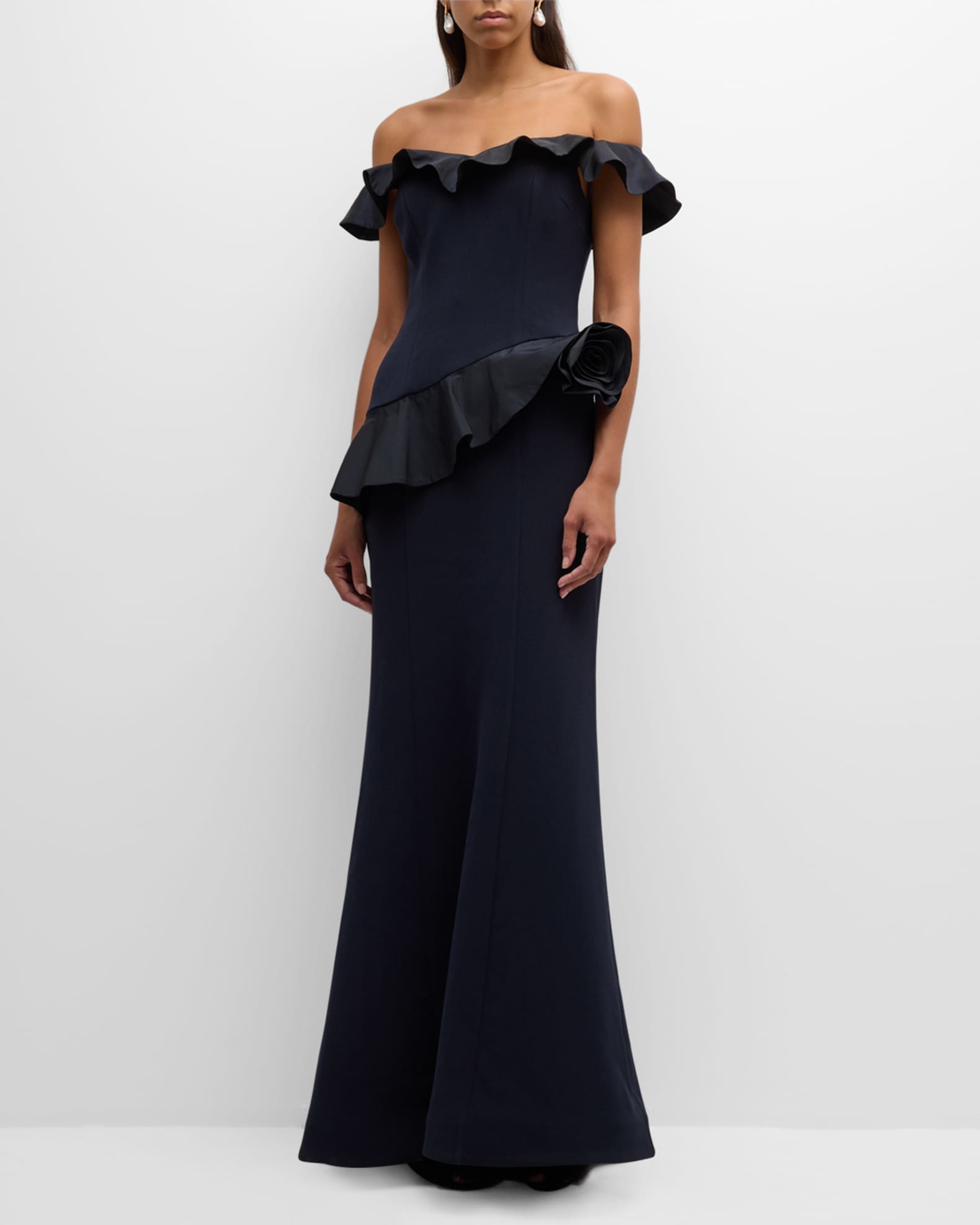Rickie Freeman for Teri Jon Off Shoulder Ruffle Trumpet Gown Navy