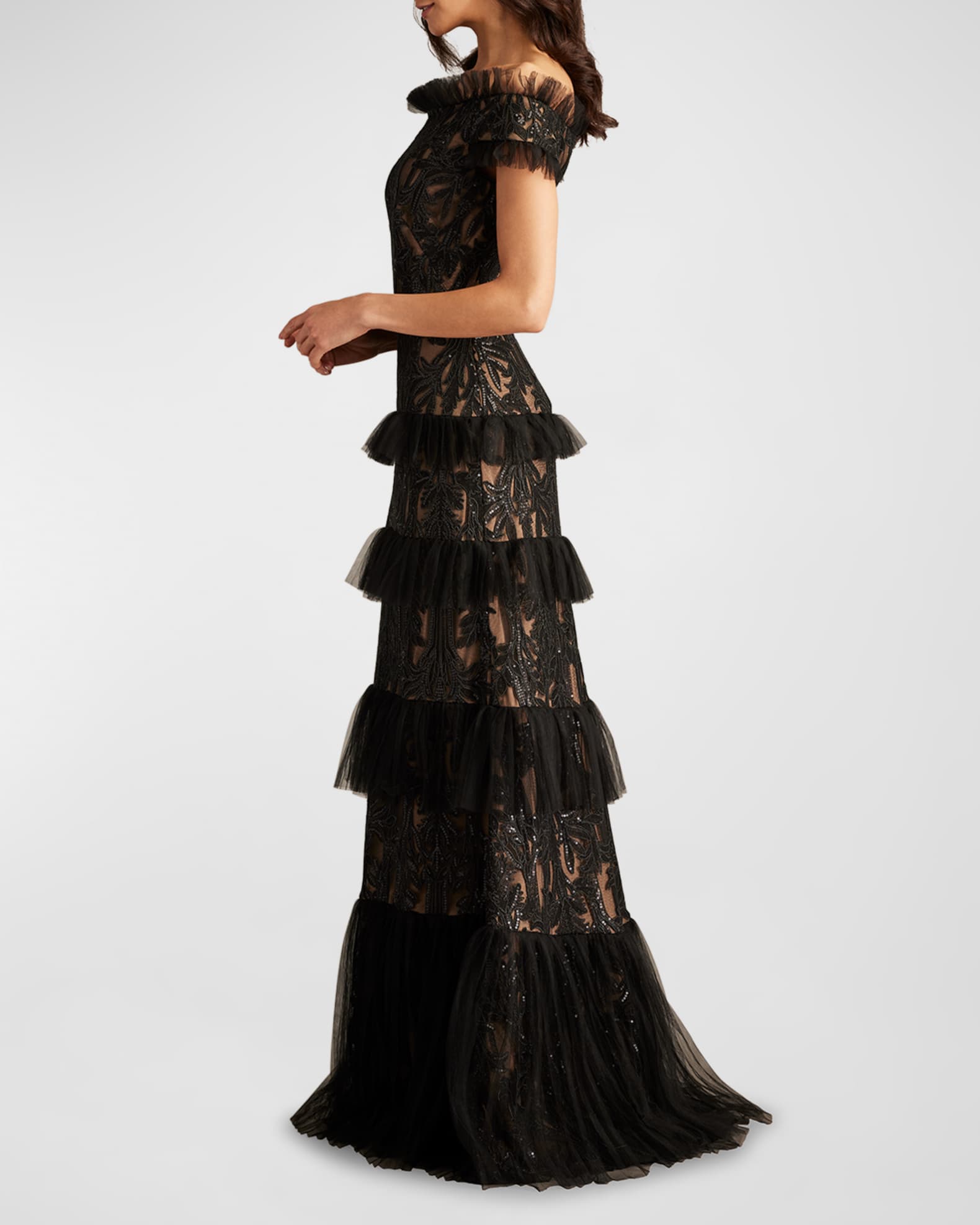 Tadashi Shoji Pemma Sequin Embroidered Tiered Gown BK ND 12