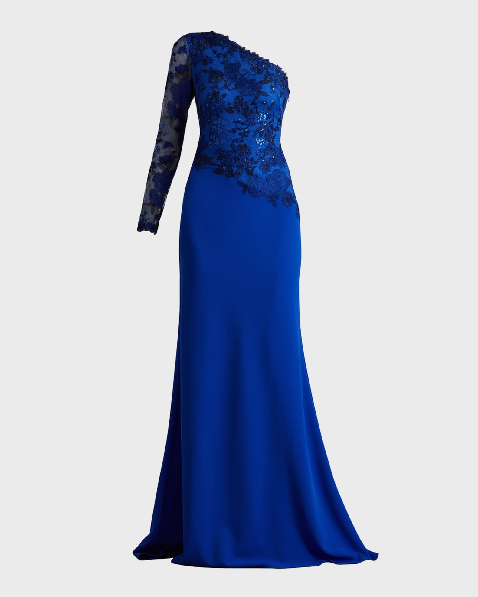 Tadashi Shoji Women s Abner One Shoulder Embroidered Bodice Gown Blue
