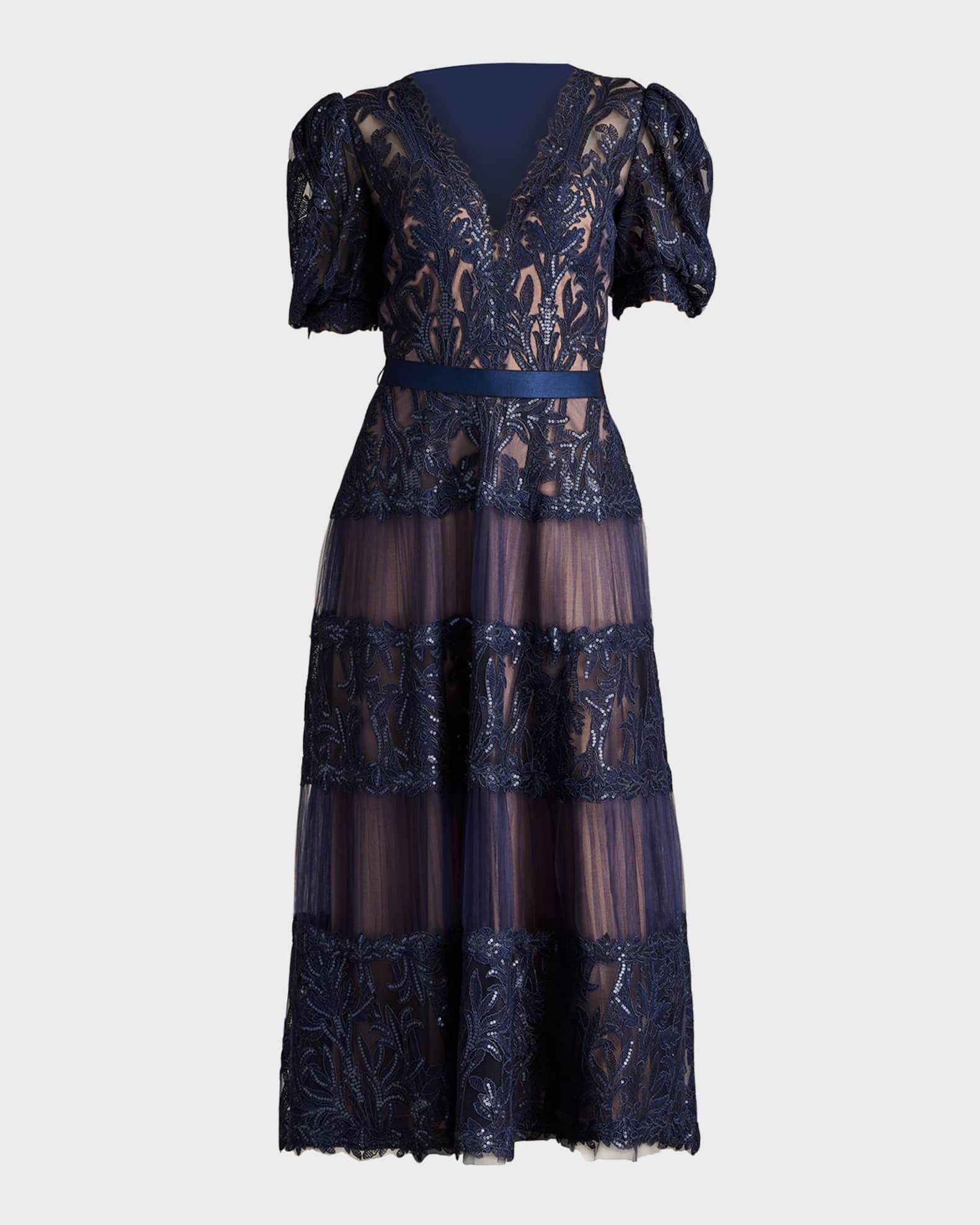 Tiered Puff Sleeve Sequin Lace Midi Dress