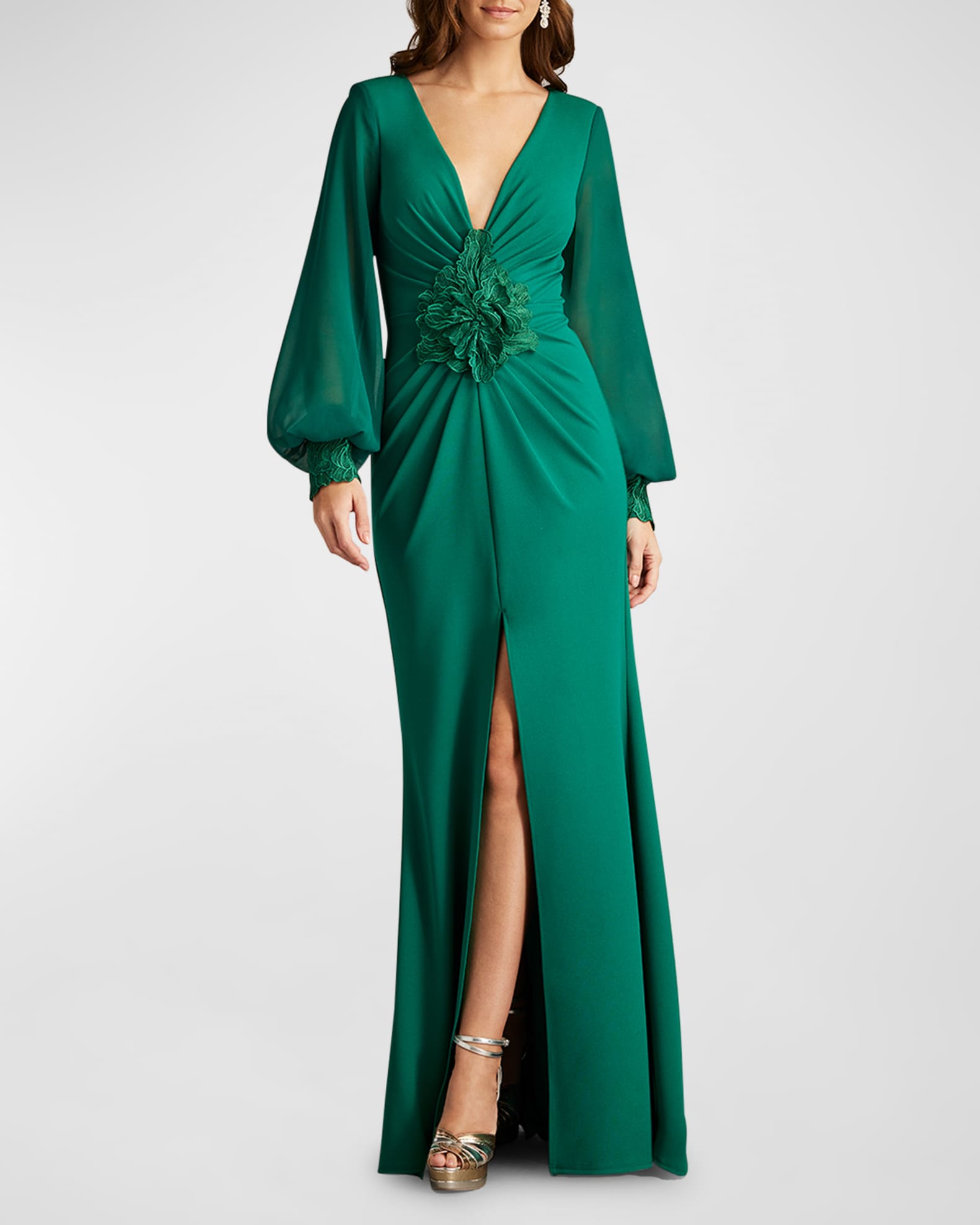 Tadashi Shoji Women s Floral Detail Long Sleeve Crepe Chiffon Gown Green Gowns