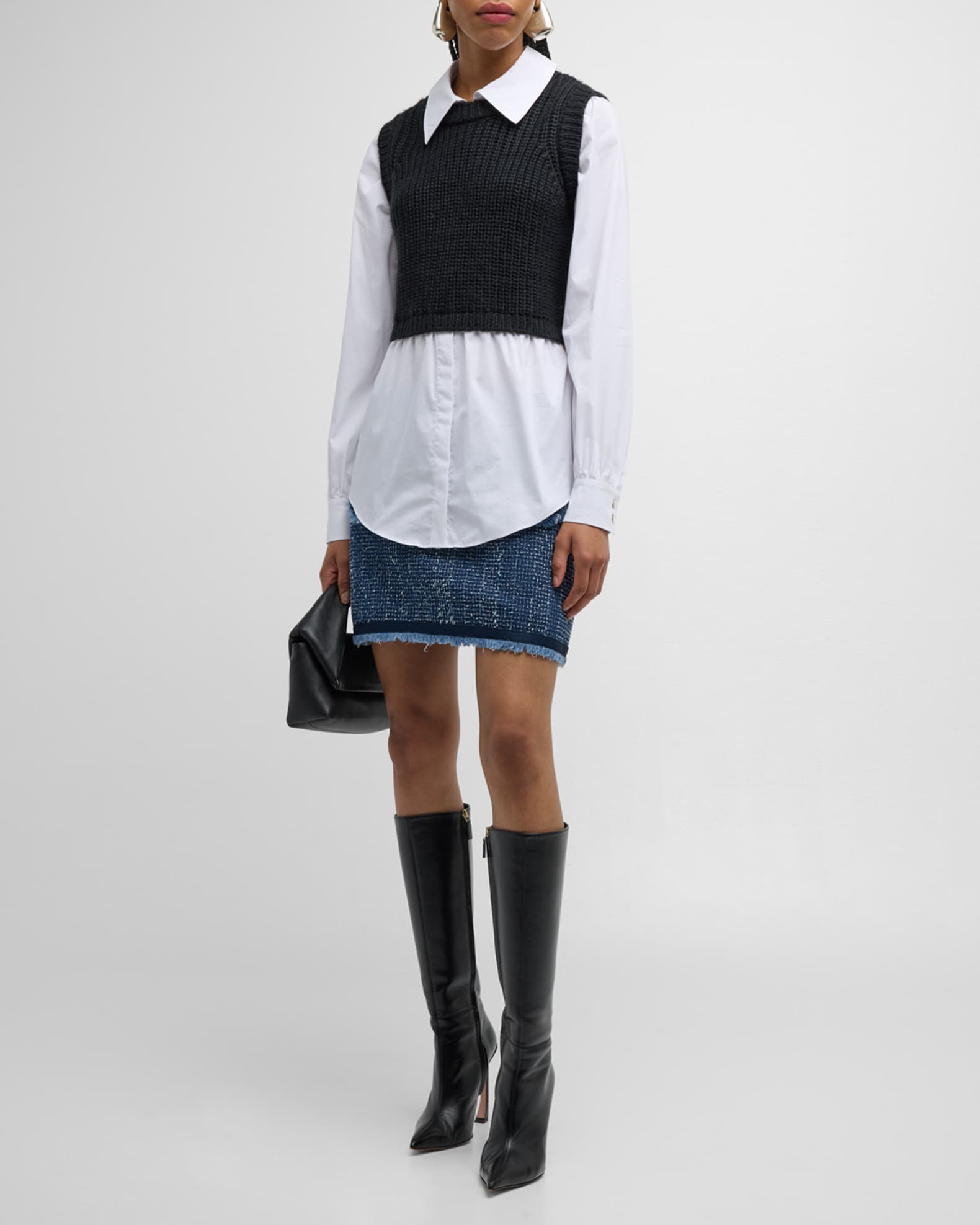 Cinq a Sept Mara Shaker Stitch Combo Pullover Shirt Neiman Marcus