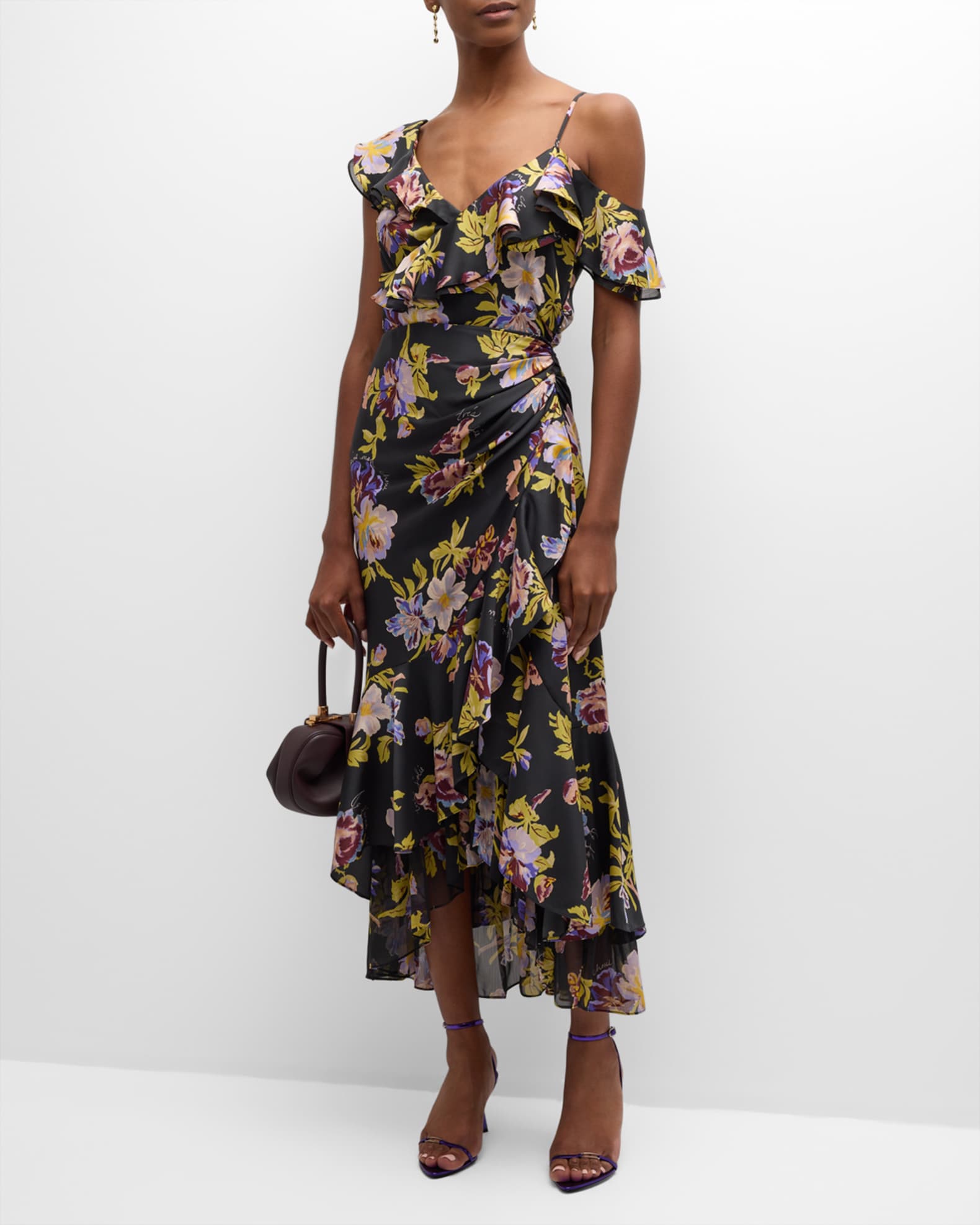 Cinq a Sept Nara One-Shoulder Ruffled Floral Midi Dress | Neiman 