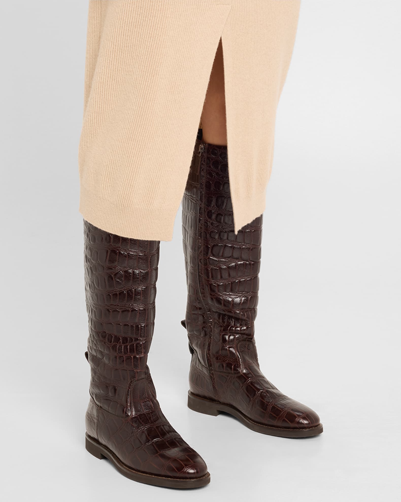 Croco Embossed Leather Knee Boots 1