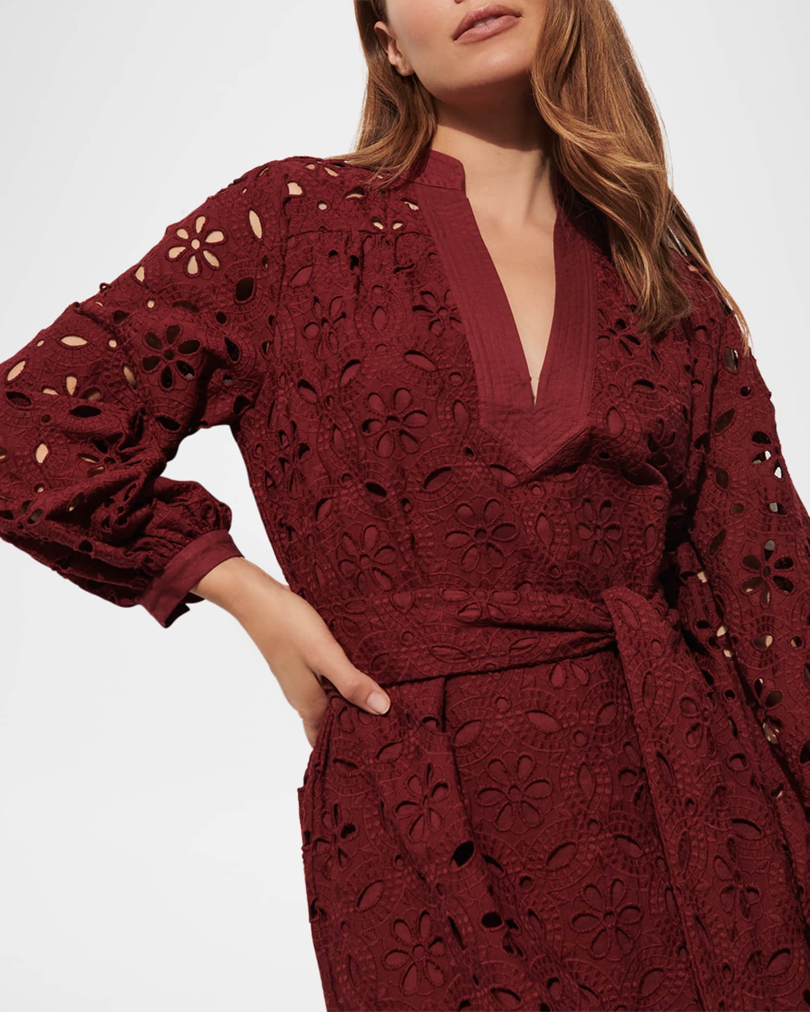 Figue Clove Eyelet-Embroidered Long-Sleeve Belted Midi Dress | Neiman ...