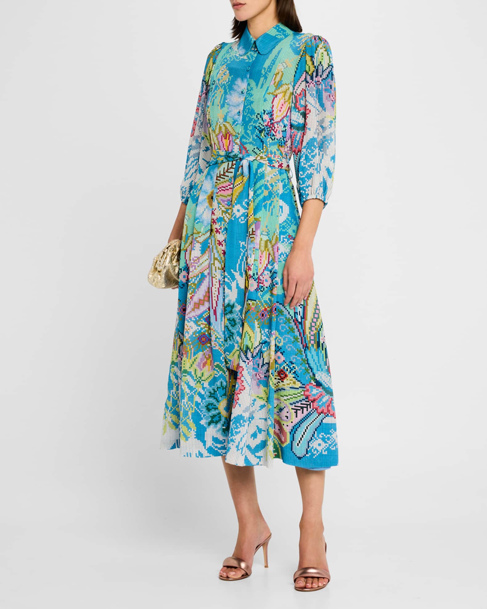 Floral Digital-Print Puff-Sleeve Midi Shirtdress With Belt 1