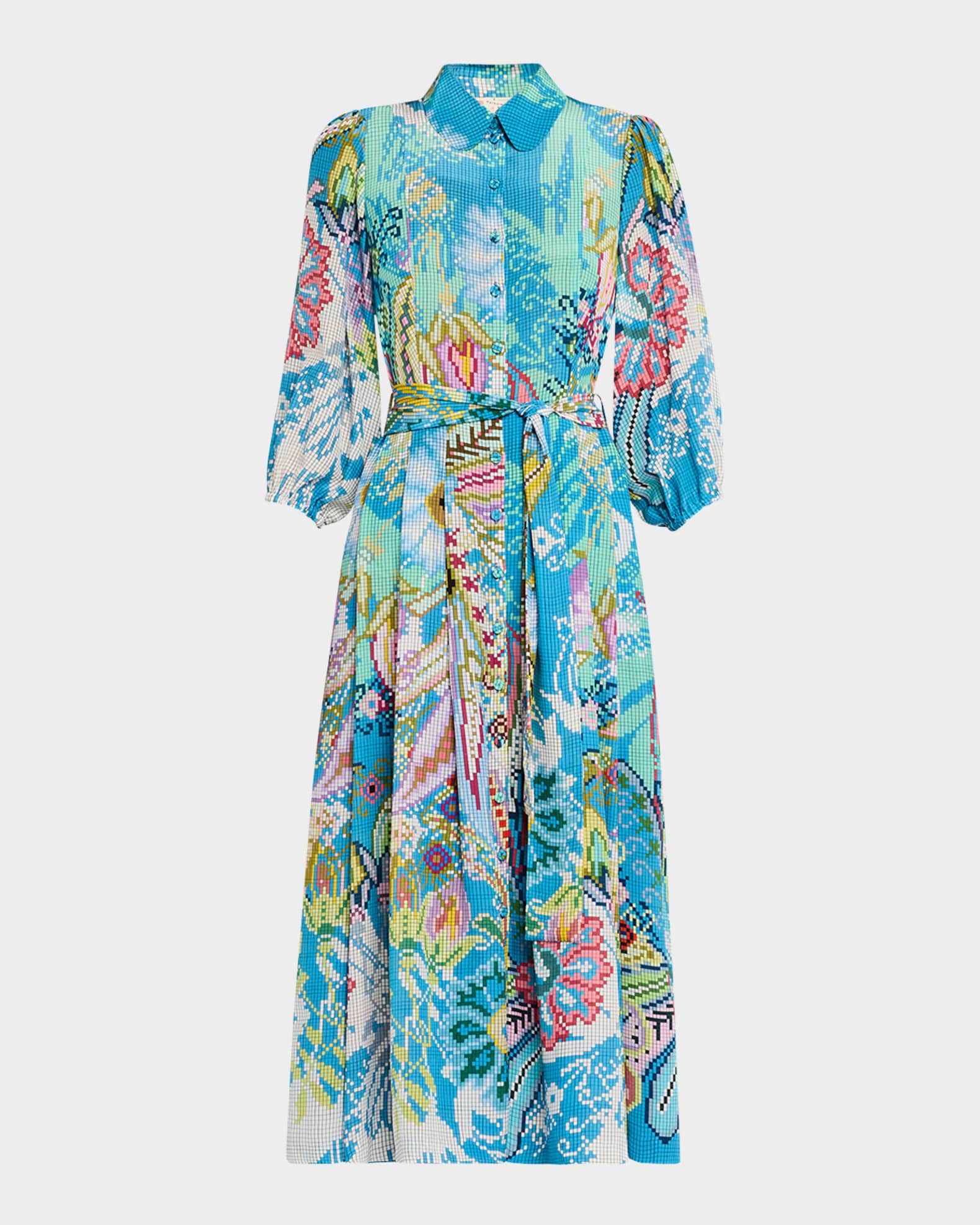 Floral Digital-Print Puff-Sleeve Midi Shirtdress With Belt 0