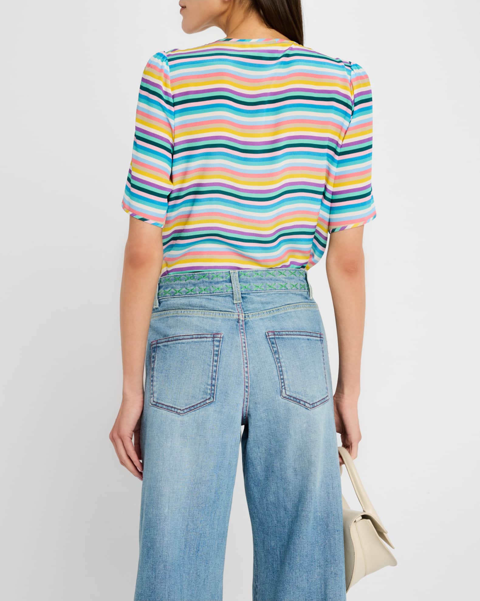 Maison Common Striped Short-Sleeve Tie-Front Silk Blouse | Neiman Marcus