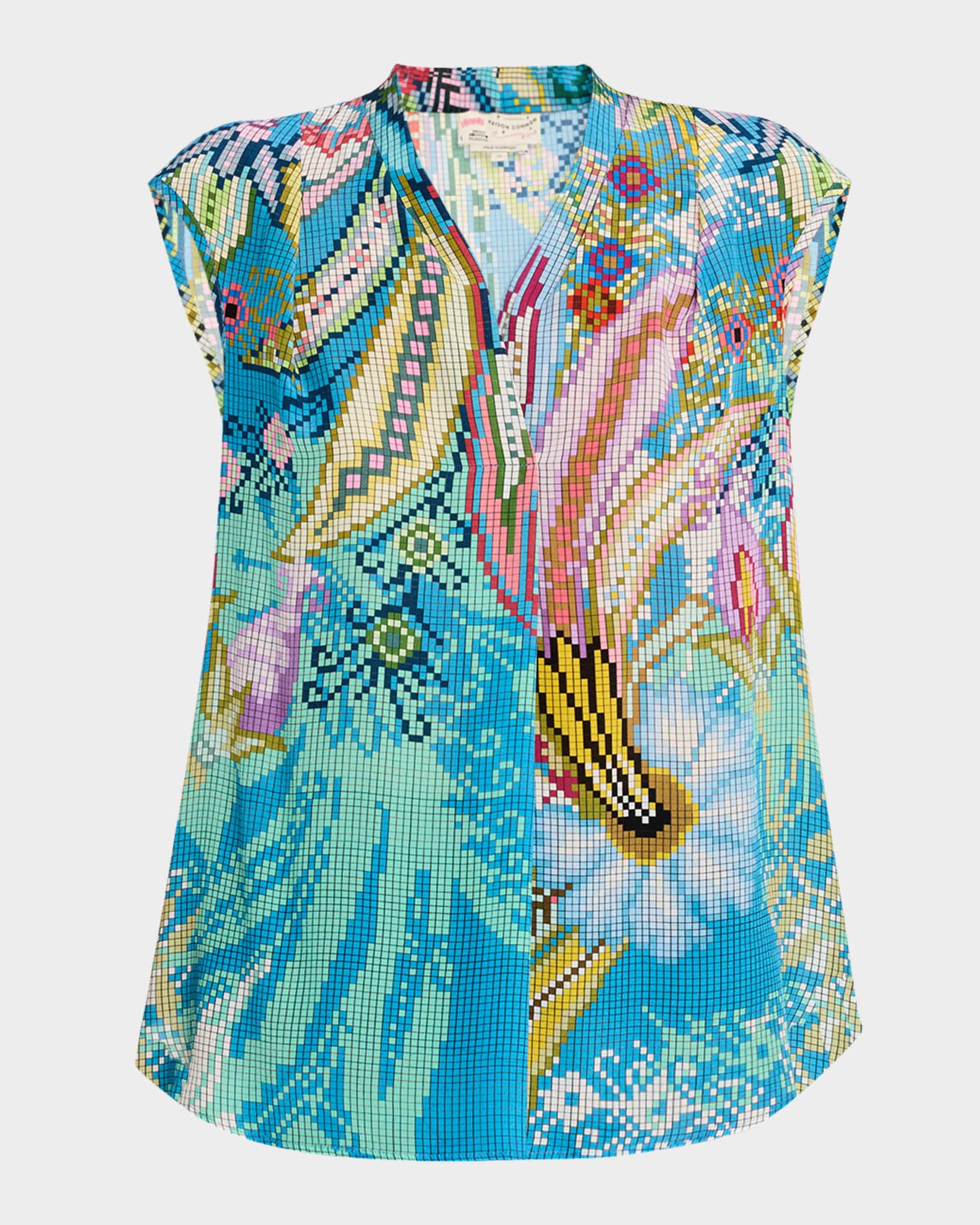 Digital-Print V-Neck Cap-Sleeve Silk Blouse 0