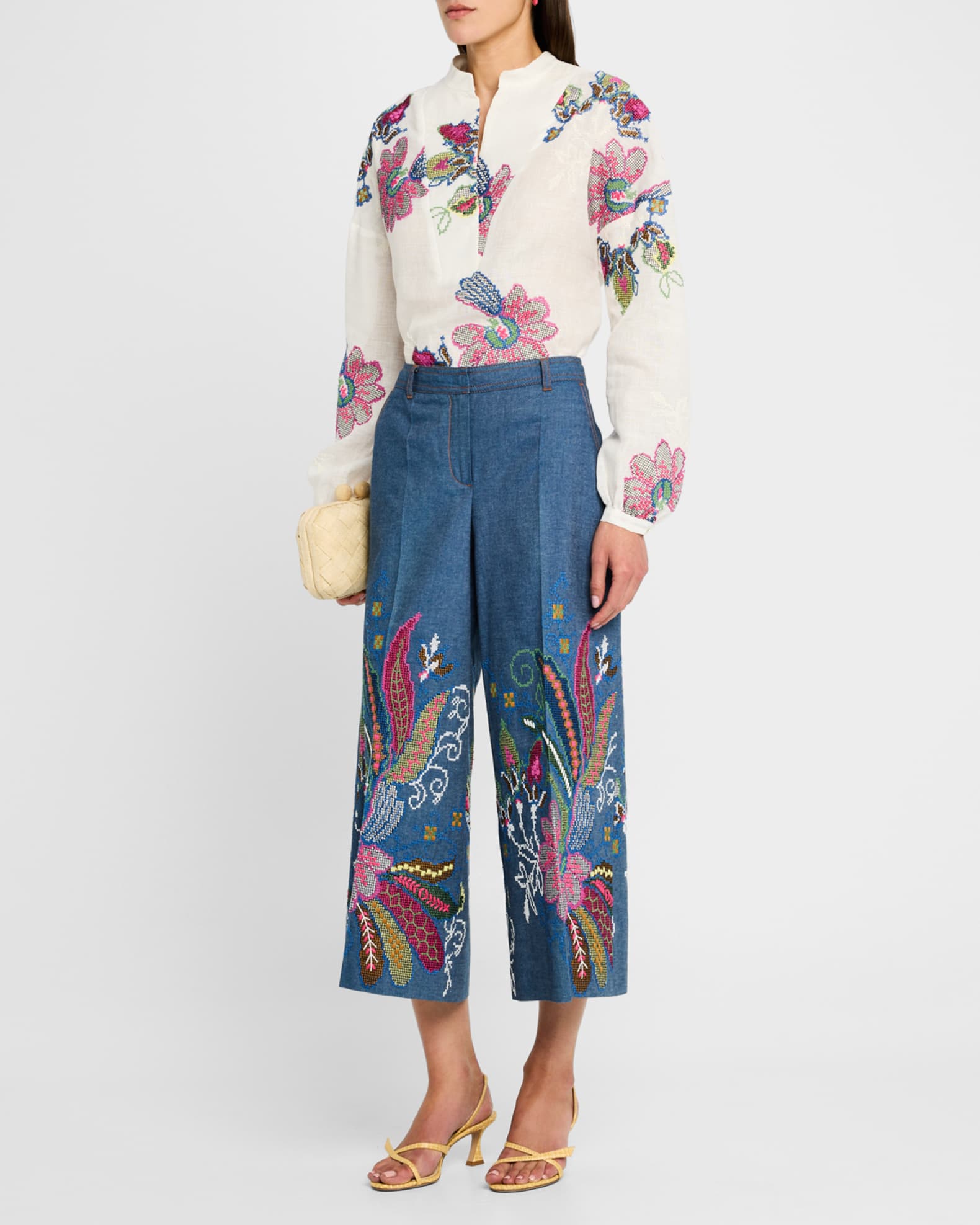 Floral Embroidered Linen V-Front Blouse 1