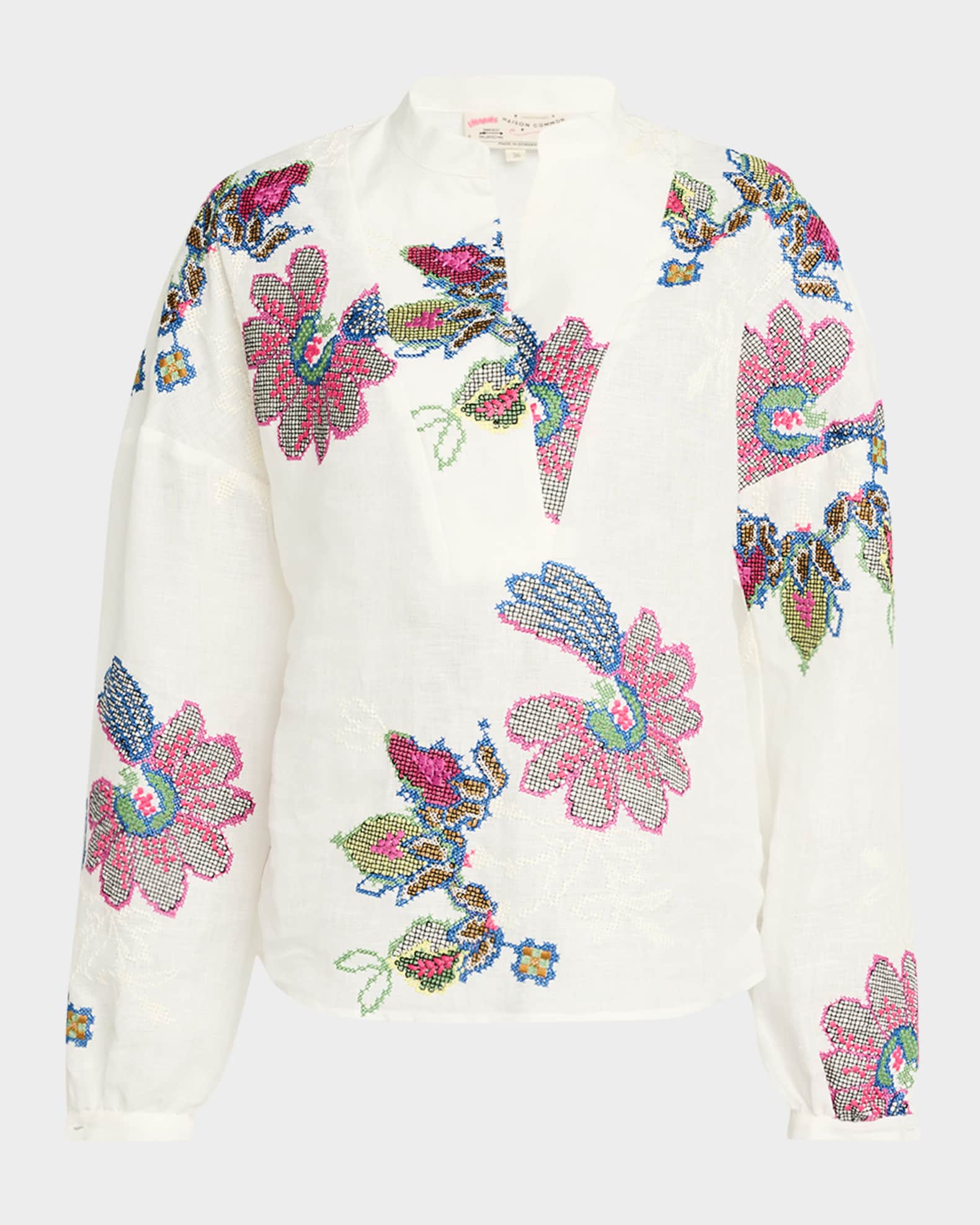 Floral Embroidered Linen V-Front Blouse 0