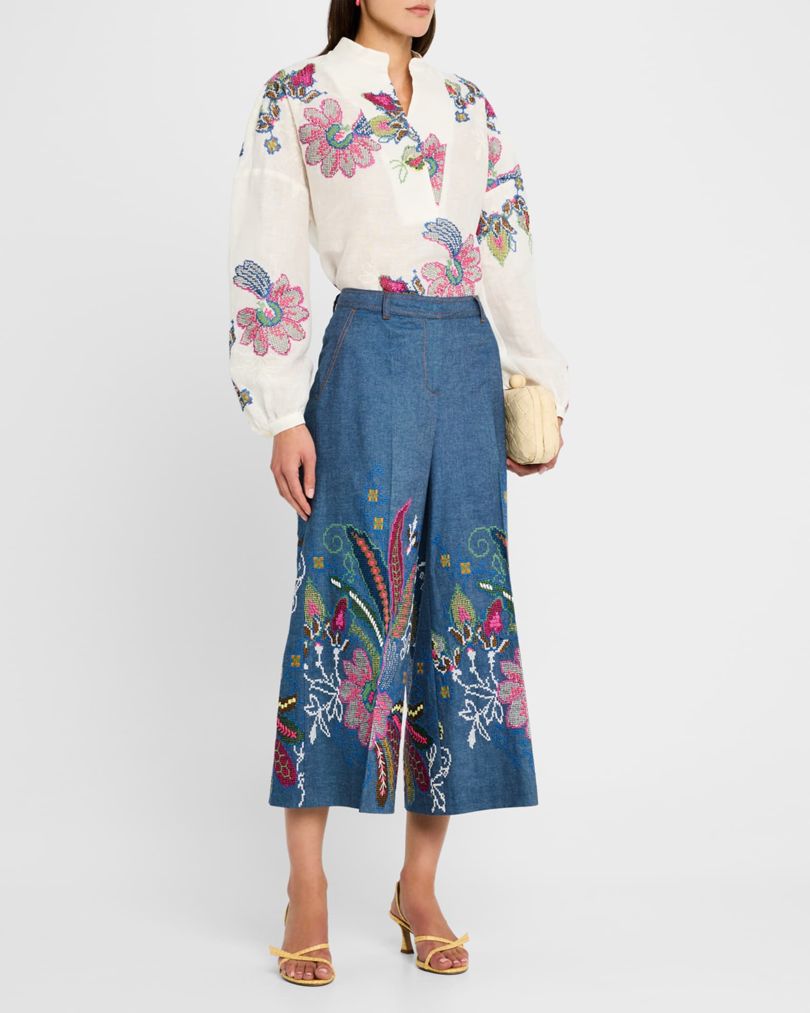 Floral Emboridered Chambray Wide-Leg Cropped Pants 1