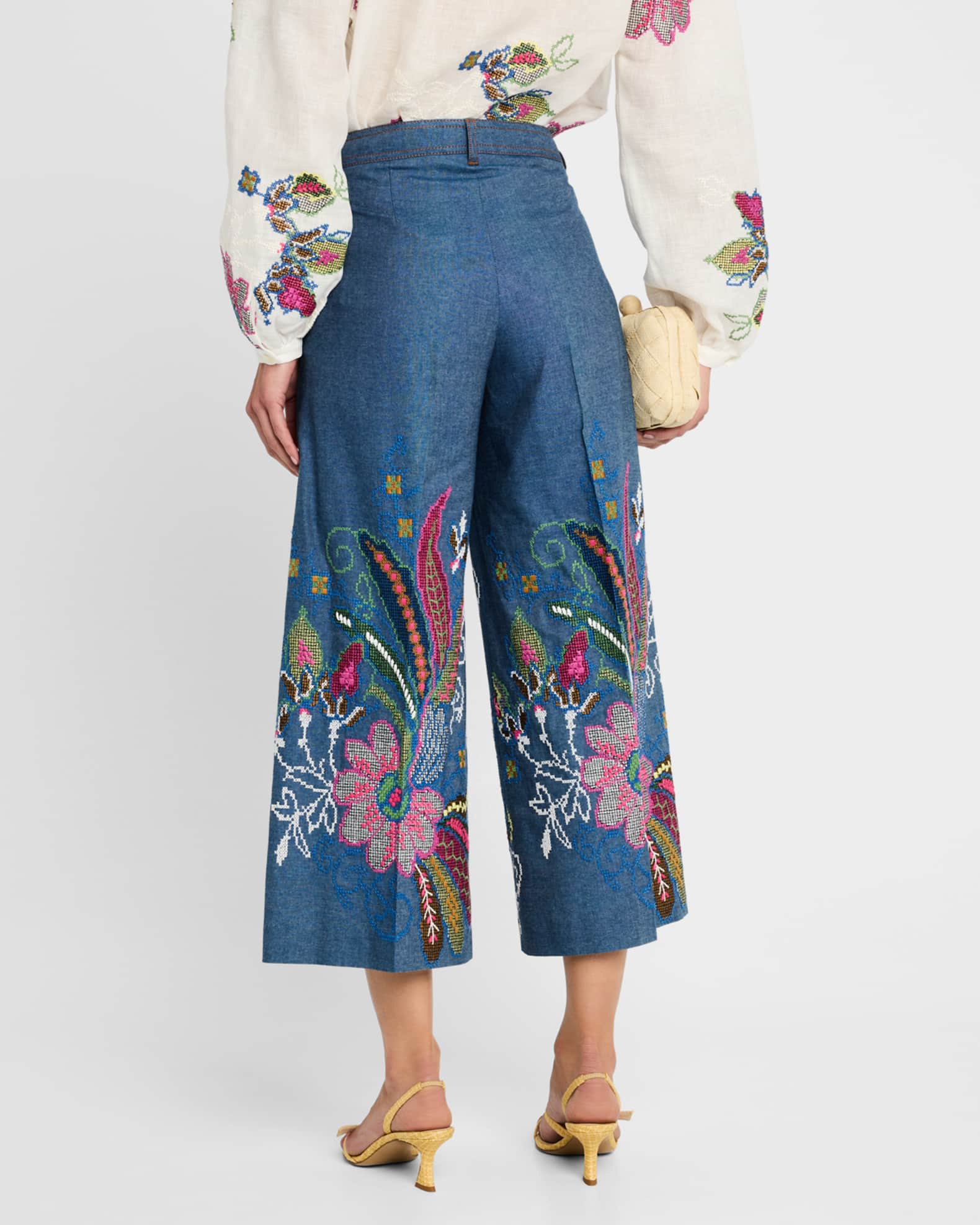 Floral Emboridered Chambray Wide Leg Cropped Pants