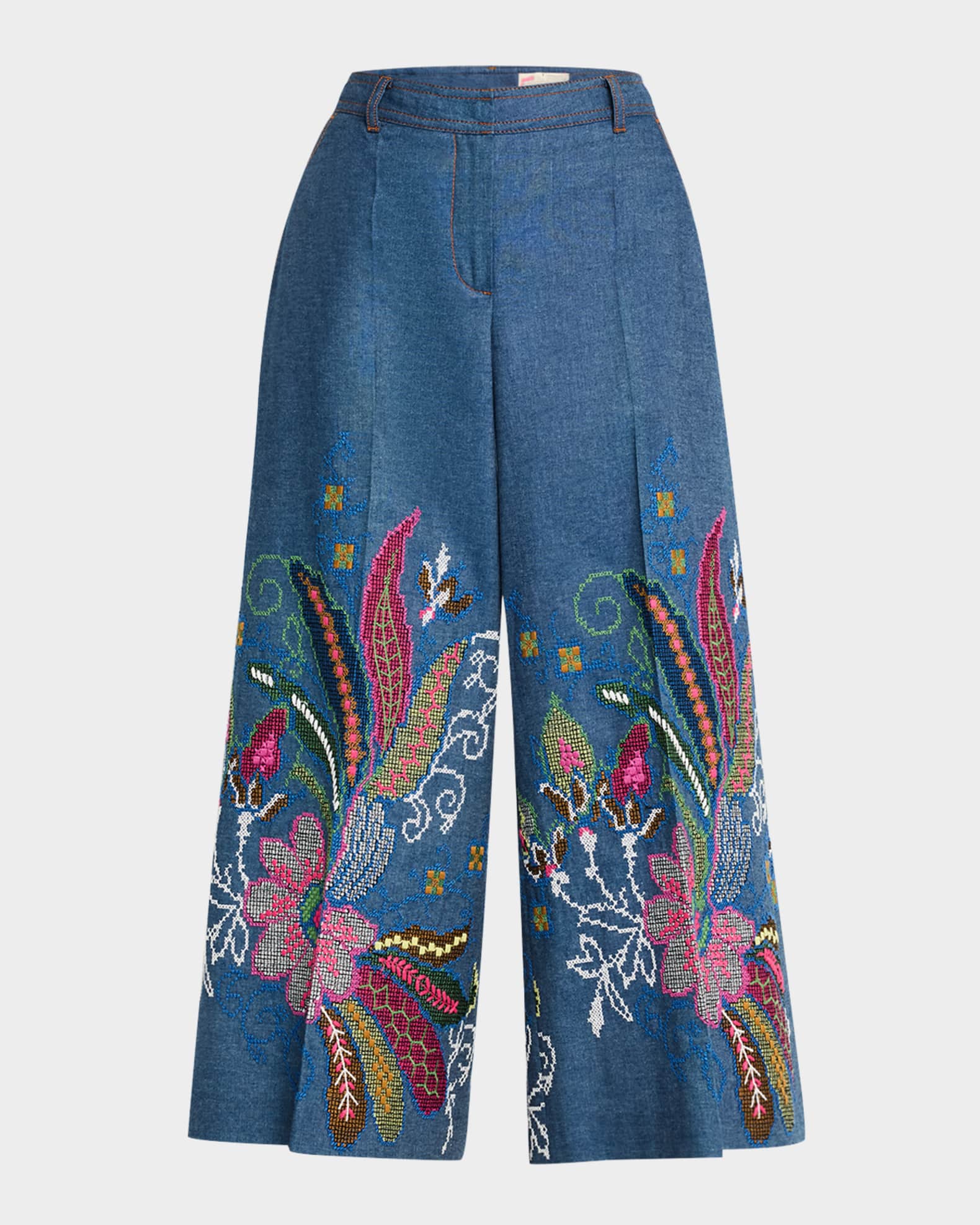 Floral Emboridered Chambray Wide-Leg Cropped Pants 0