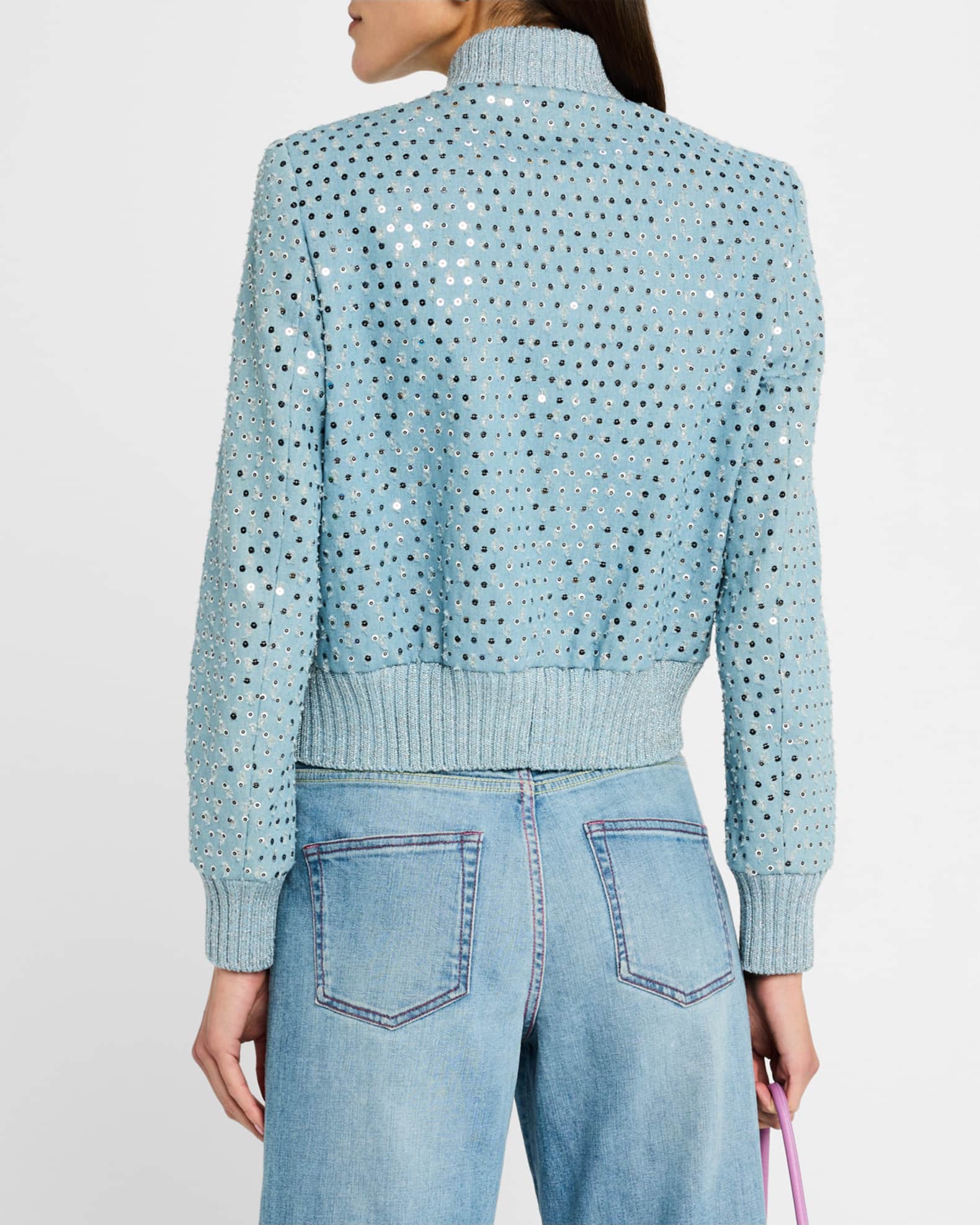Sequin Distressed Denim Bomber Jacket