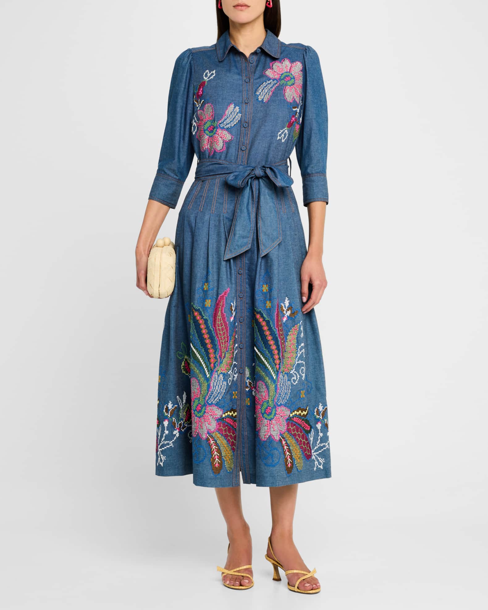 Floral Embroidered Belted Chambray Midi Shirtdress 1