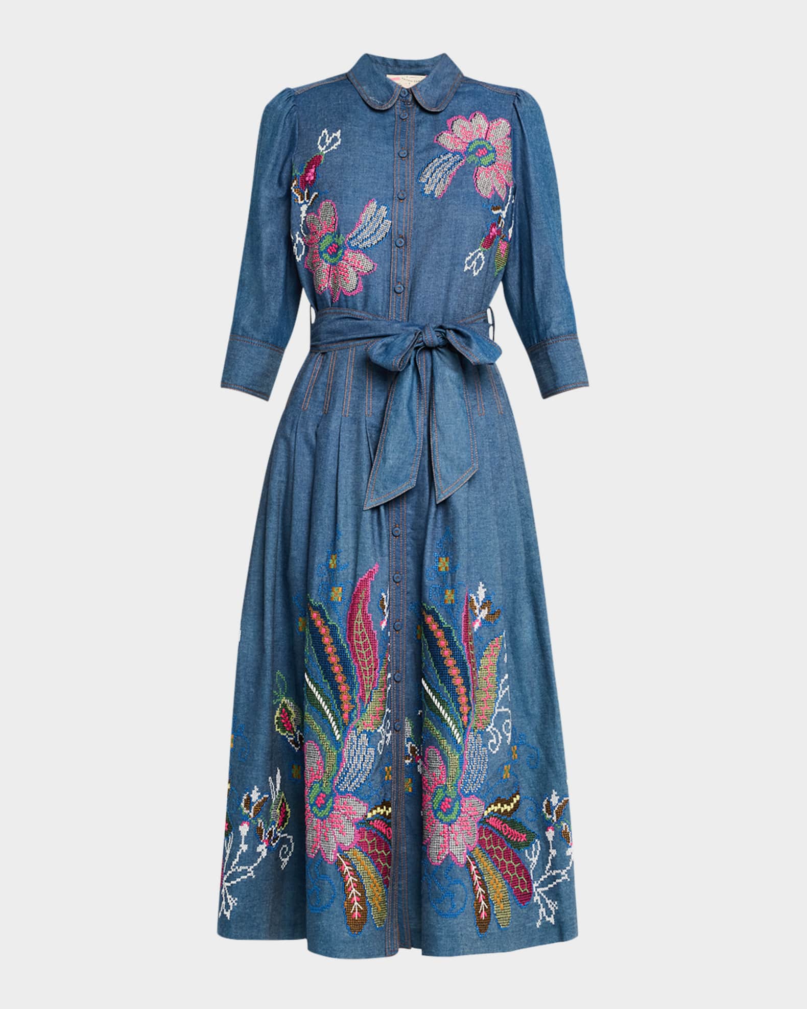 Floral Embroidered Belted Chambray Midi Shirtdress 0