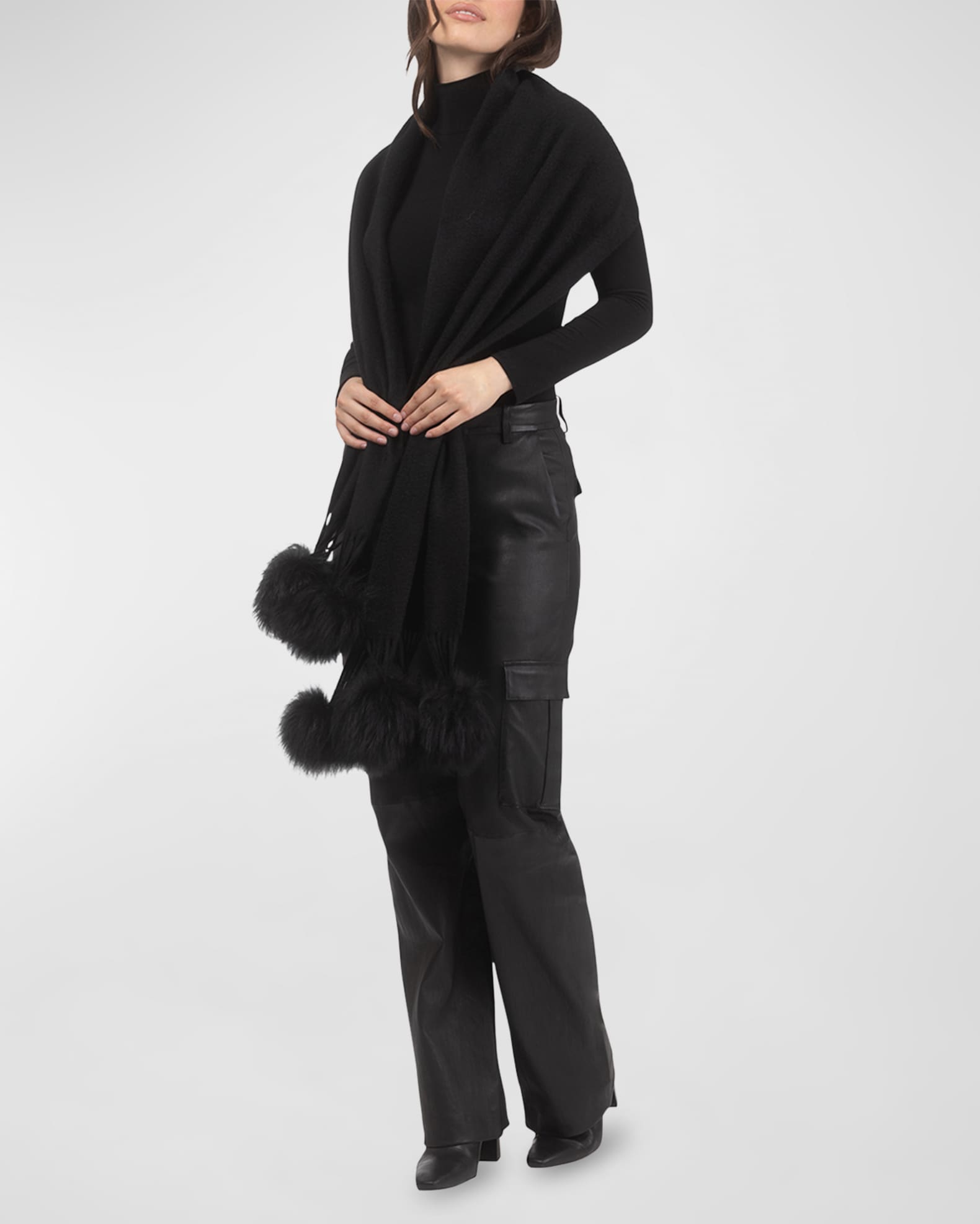 Select Cashmere Stole With Lamb Shearling Poms 1