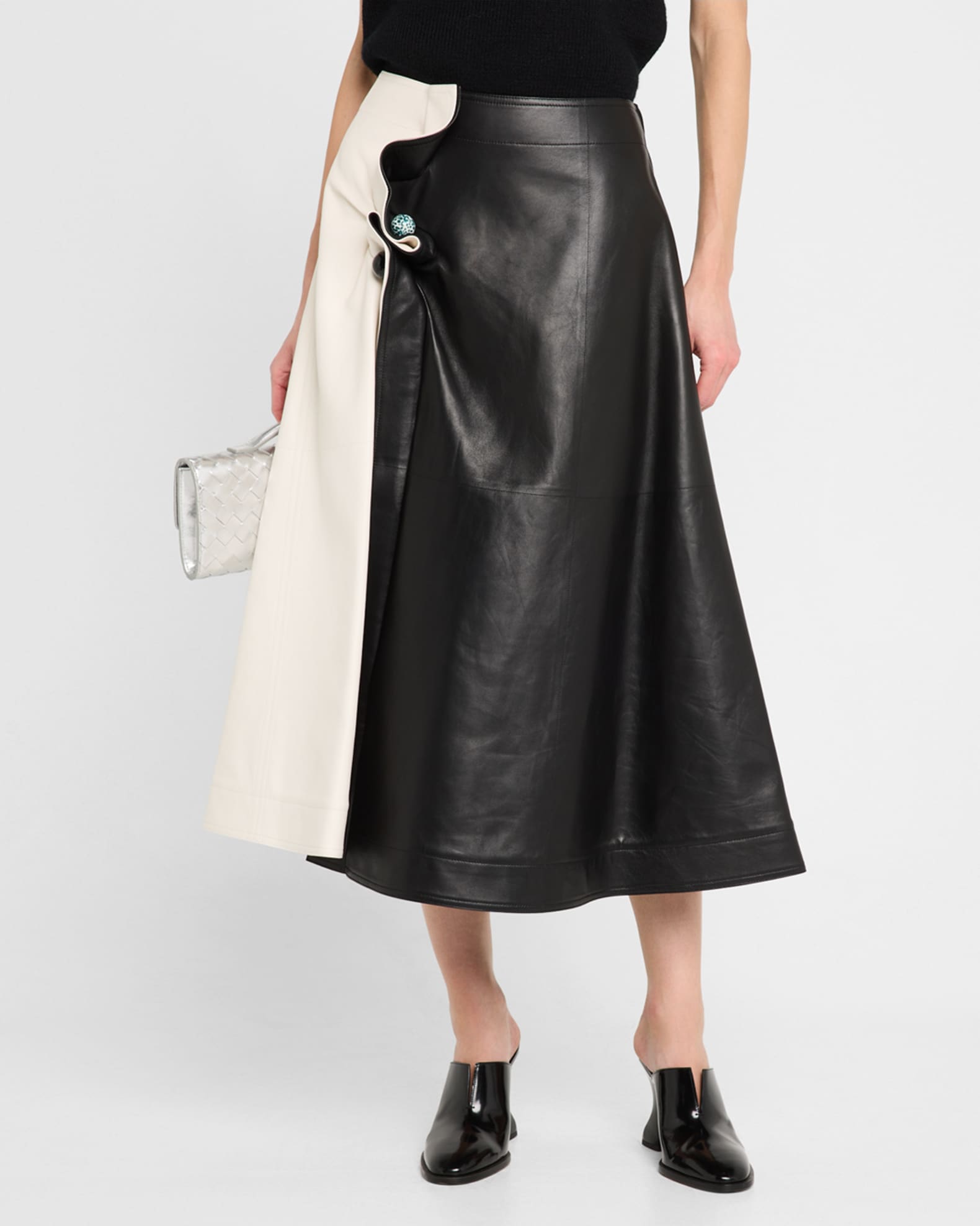 Bottega Veneta Colorblock Leather Gathered Midi Skirt