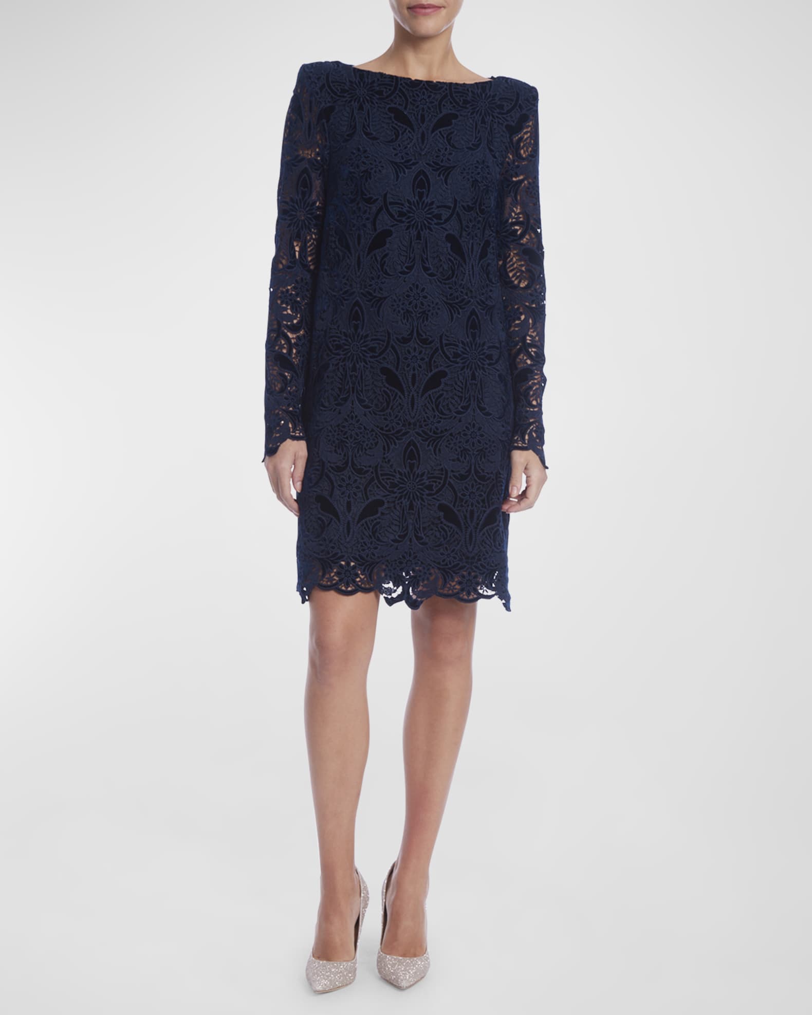 Badgley Mischka Floral Velvet Lace Dress Navy