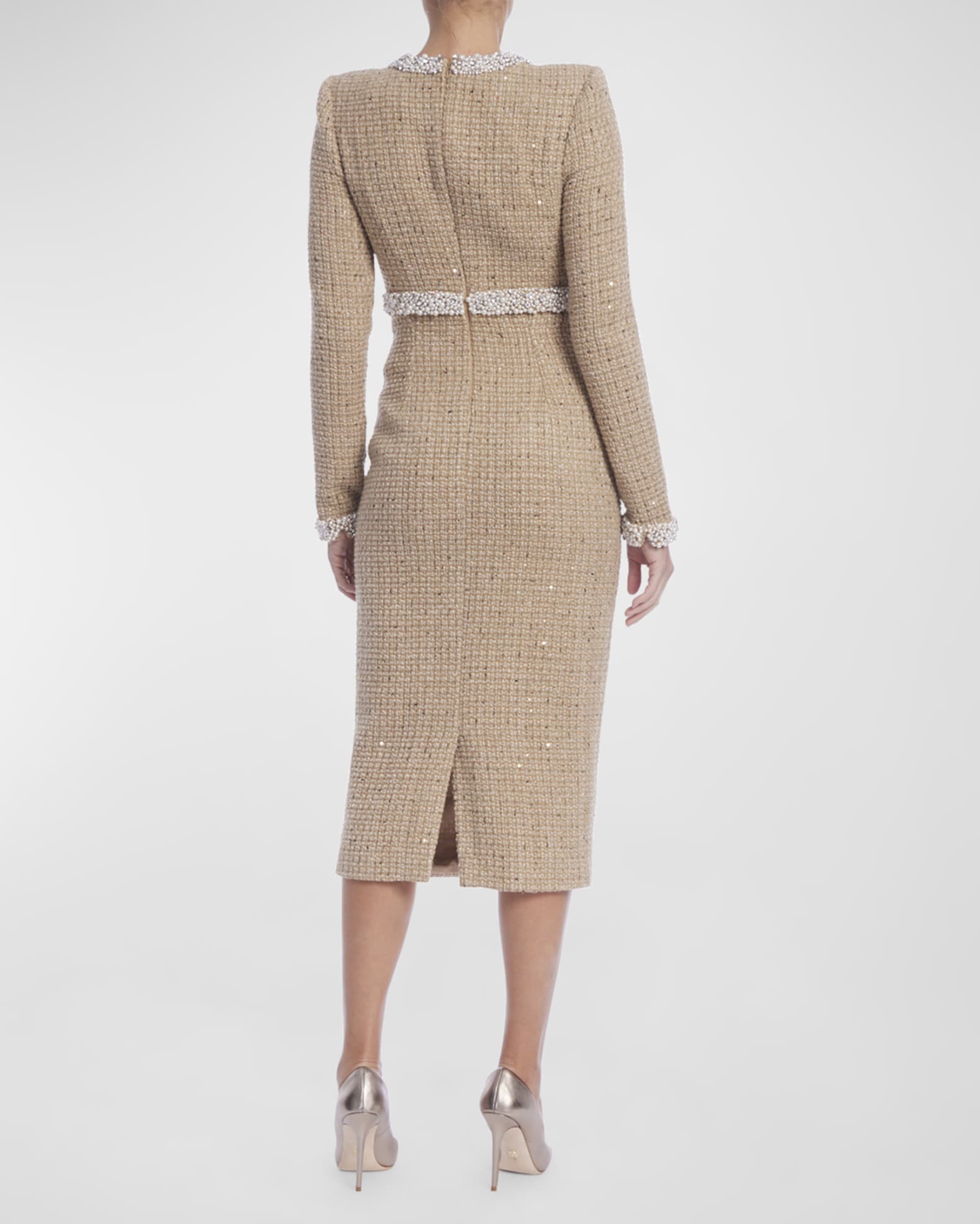 Badgley Mischka Collection Sequin Tweed Midi Dress with Faux Pearls ...