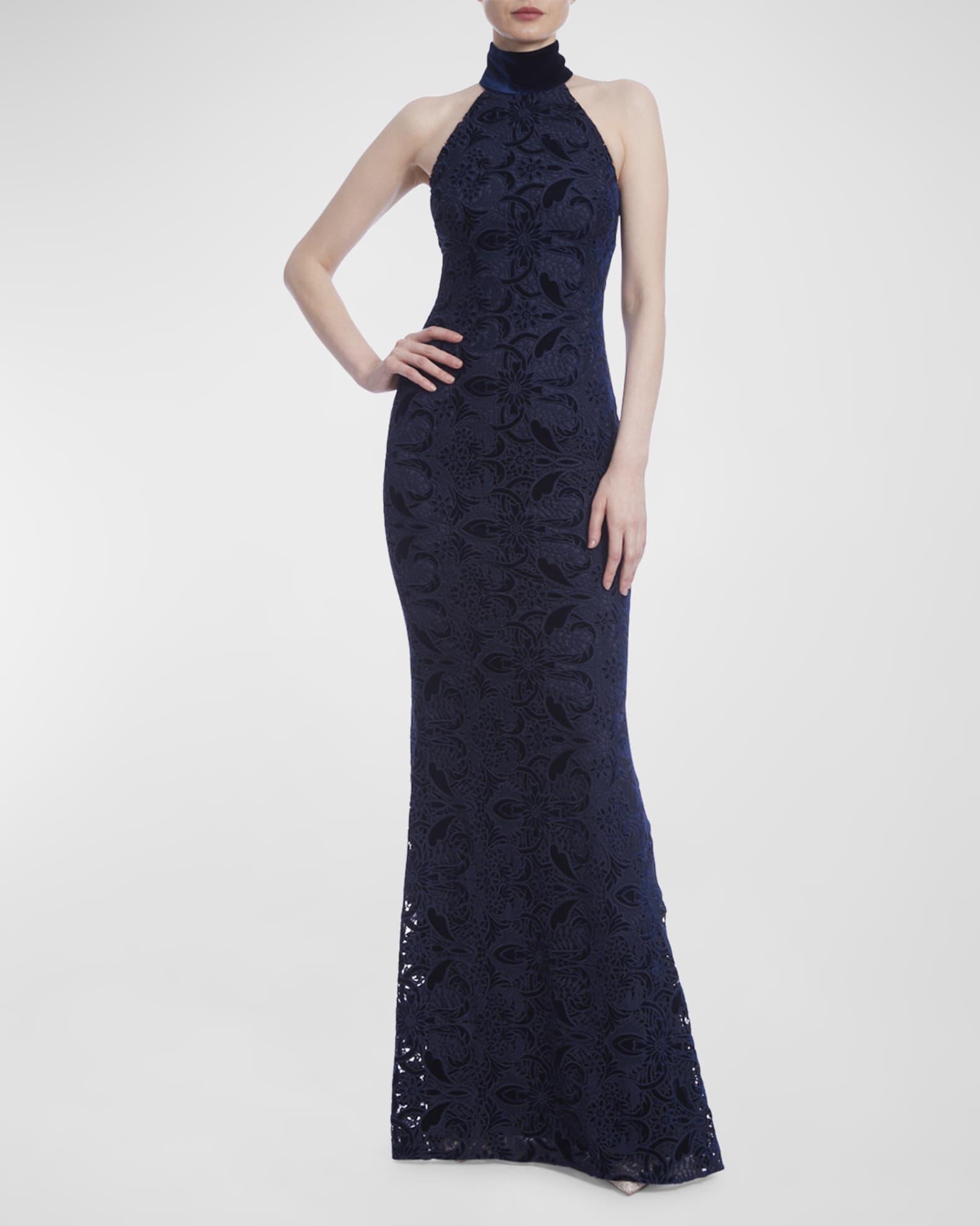 Badgley Mischka Women s Velvet Lace Mock Neck Gown Blue Gowns