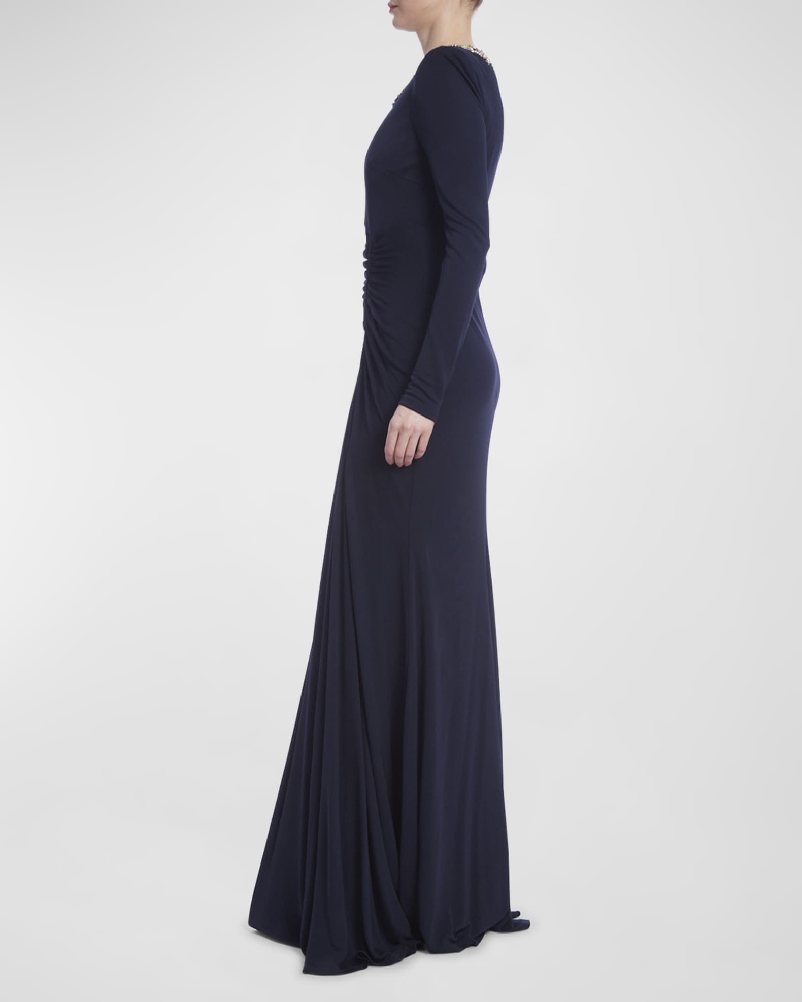 Jewel Embellished Ruched Jersey Gown