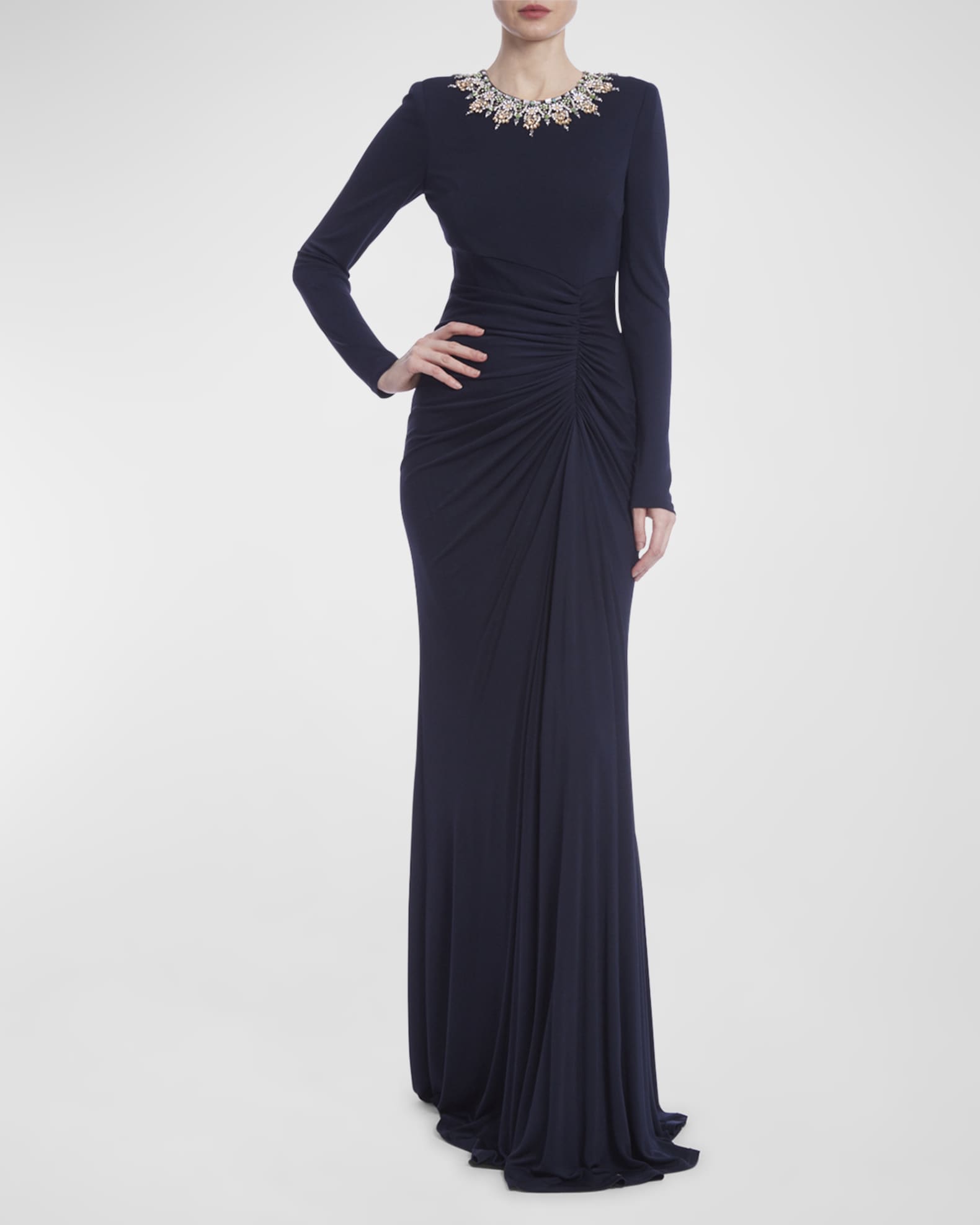 Jewel Embellished Ruched Jersey Gown