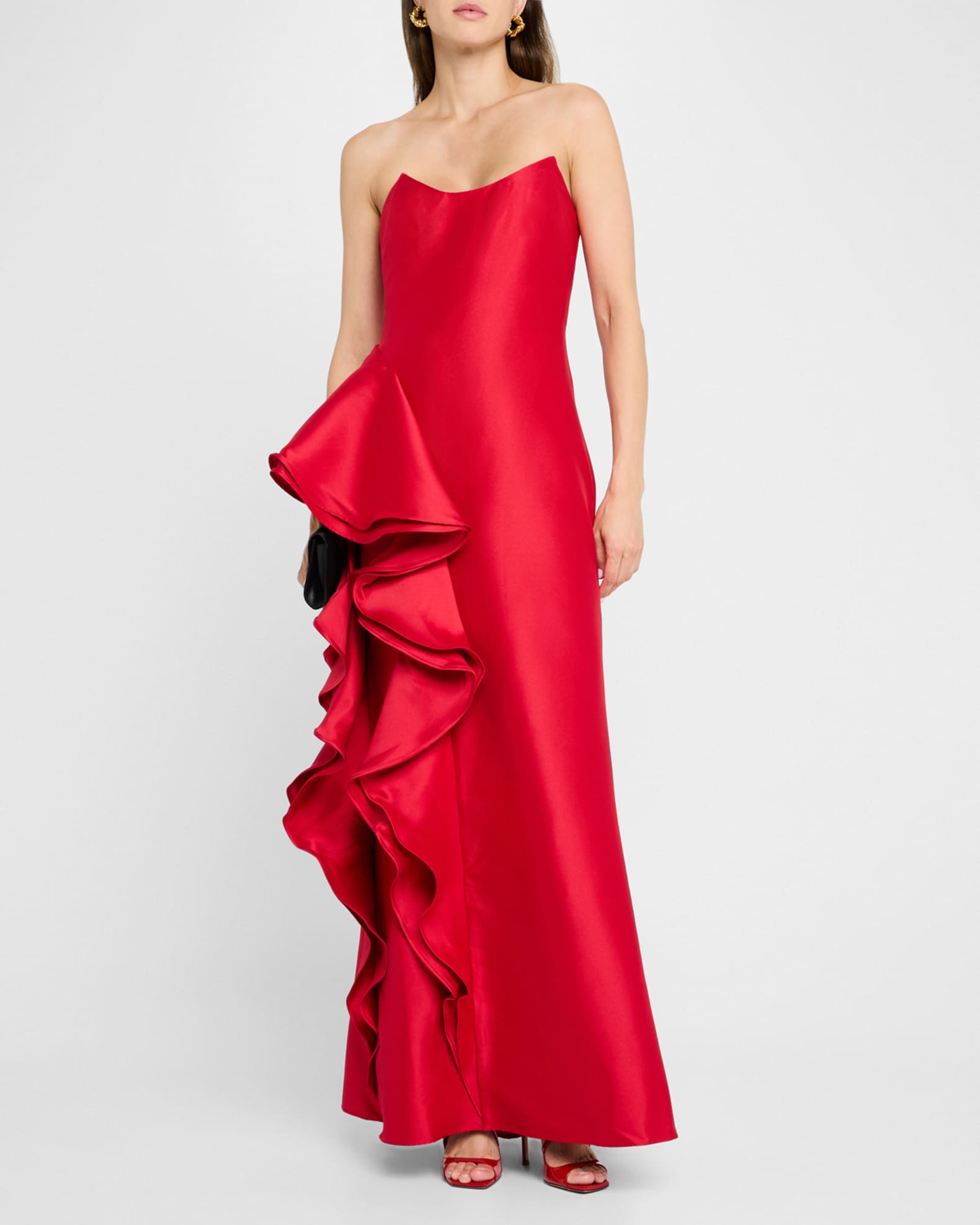 Badgley Mischka Strapless Ruffle A Line Gown Red