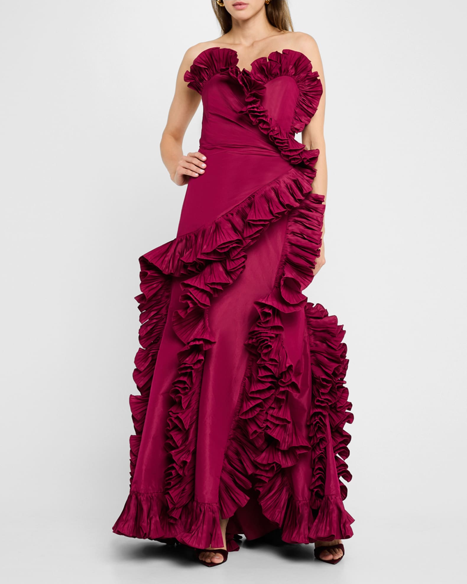 Badgley Mischka Pleated Ruffle Taffeta Gown Size 4 in Wine