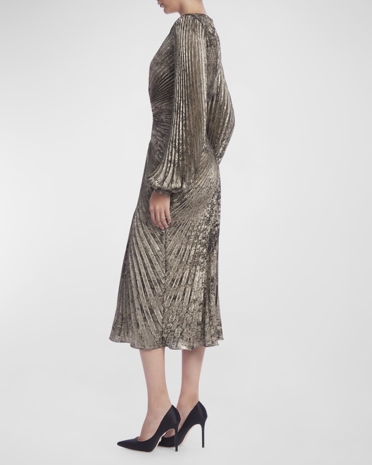 Pleated Metallic Blouson-Sleeve Midi Dress 1