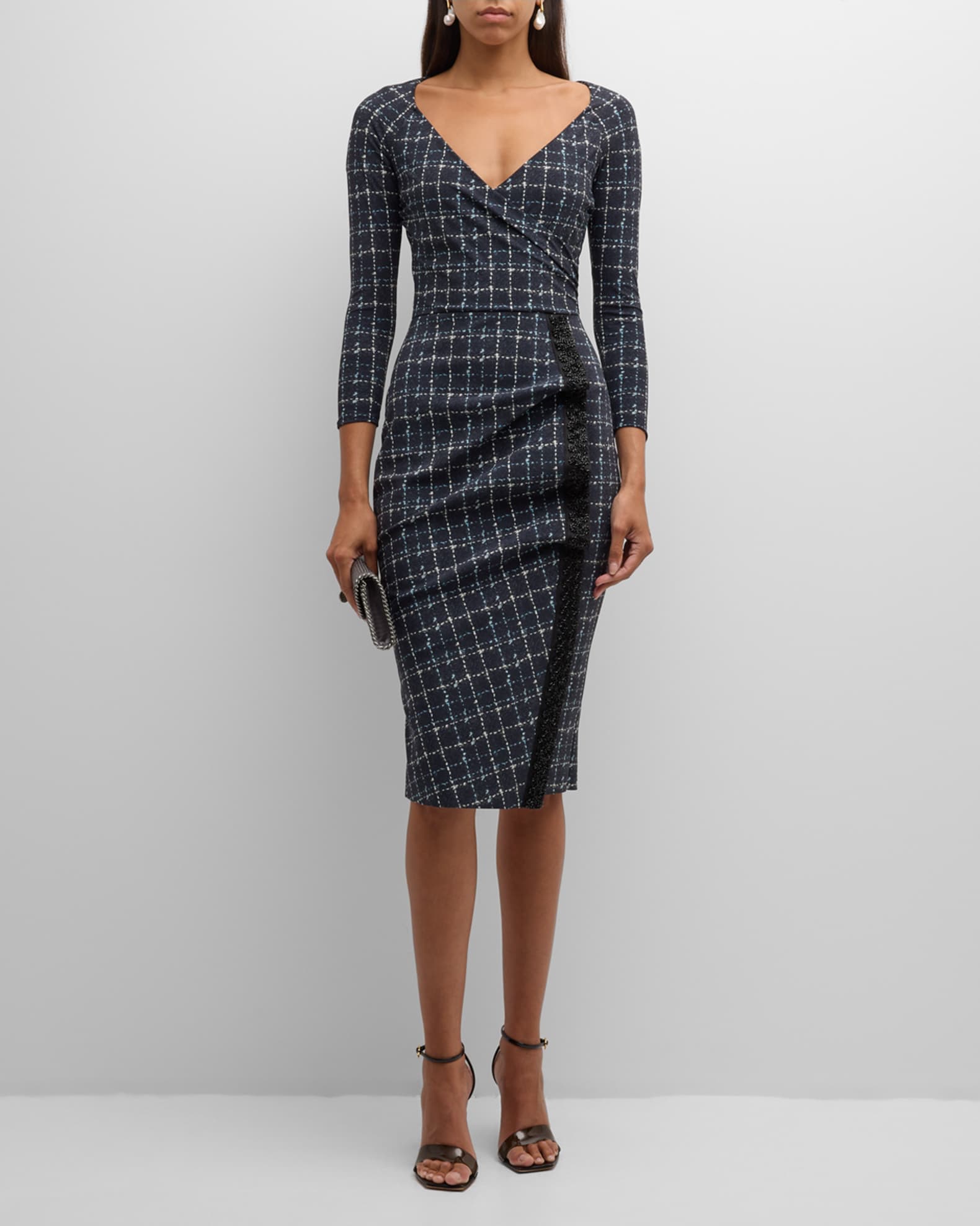 Beaded Grid Print Bodycon Dress