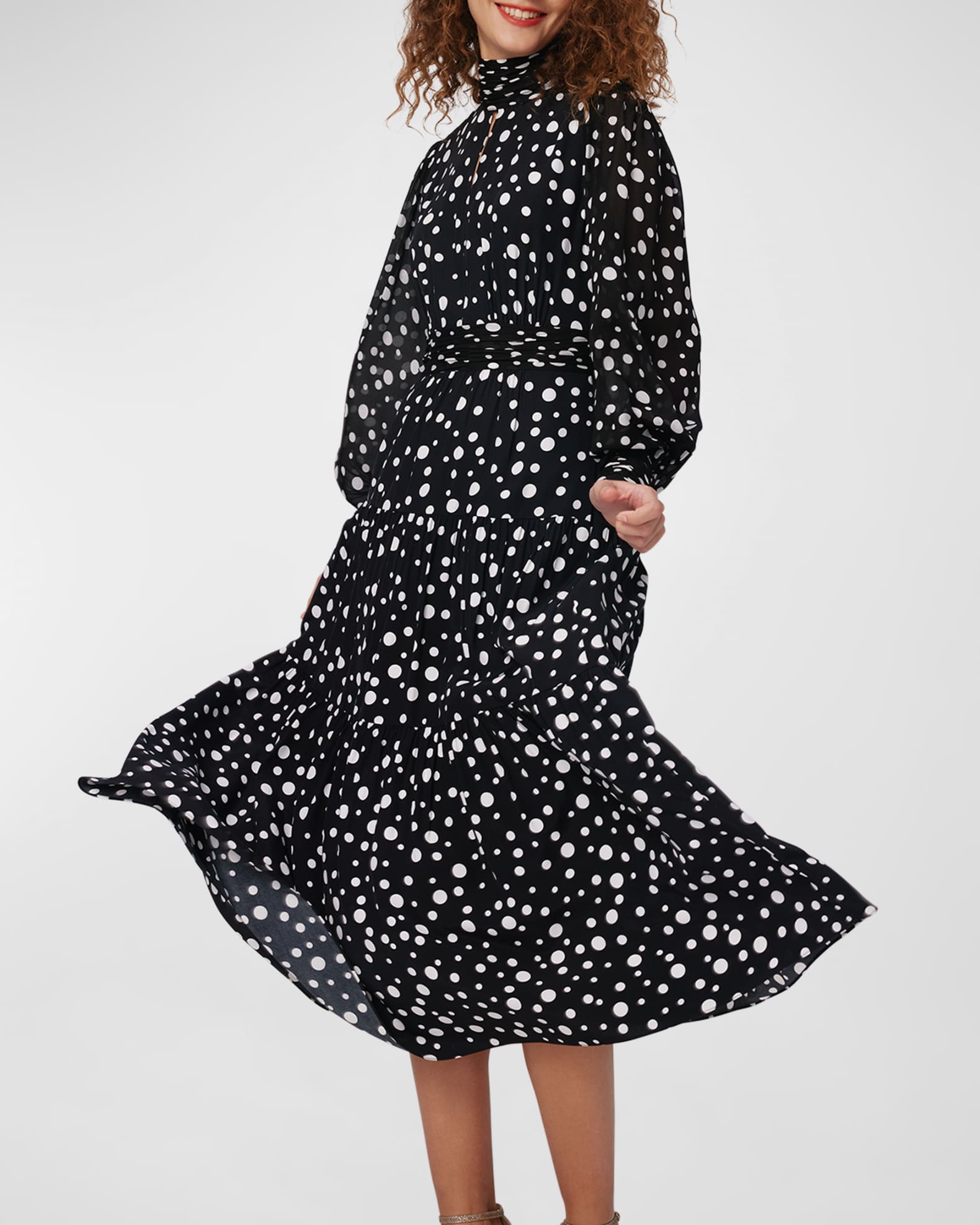 Diane von Furstenberg Sai Tiered Polka-Dot Midi Dress | Neiman Marcus 