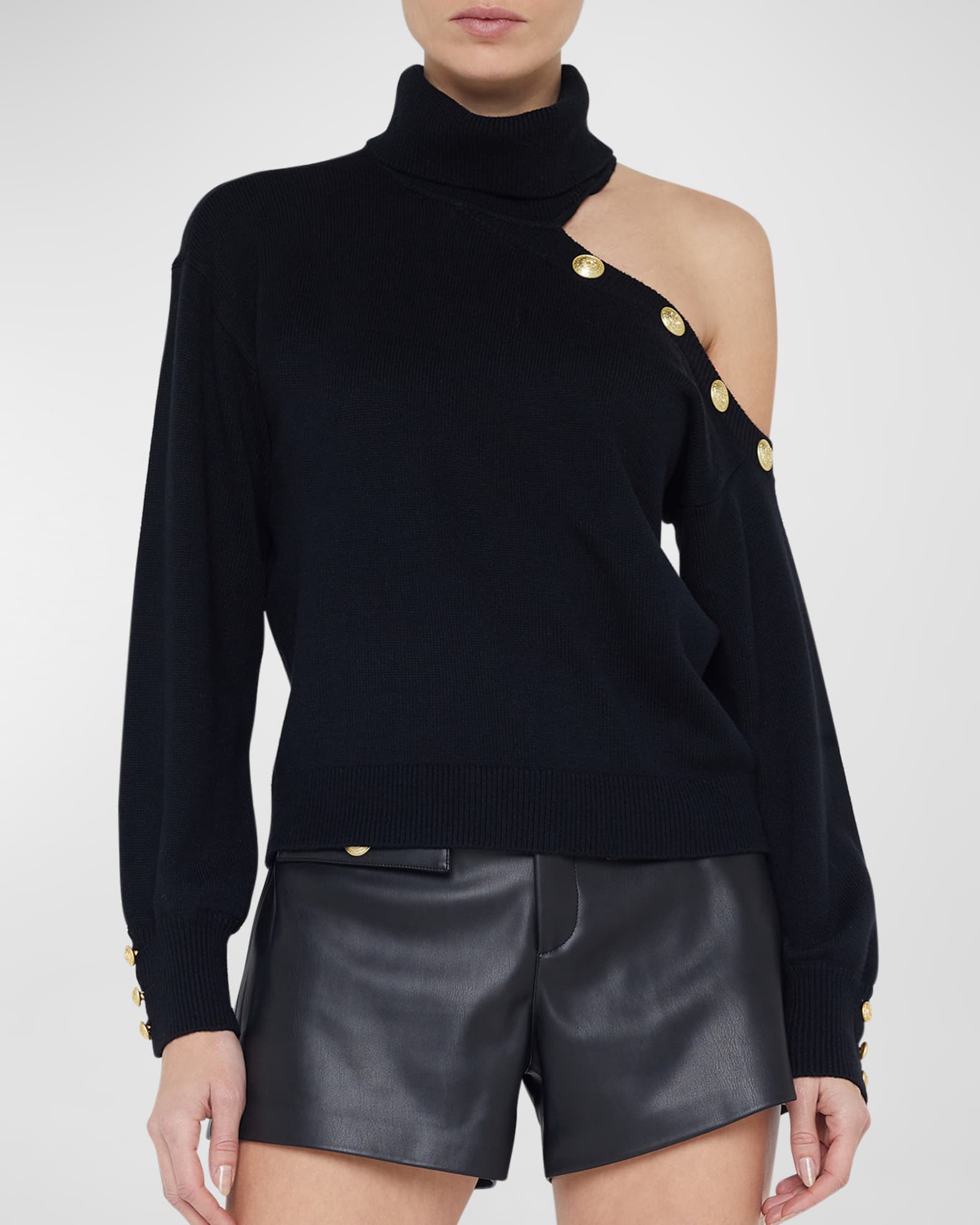 Asymmetrical shoulder cutout turtleneck cotton blend sweater shop
