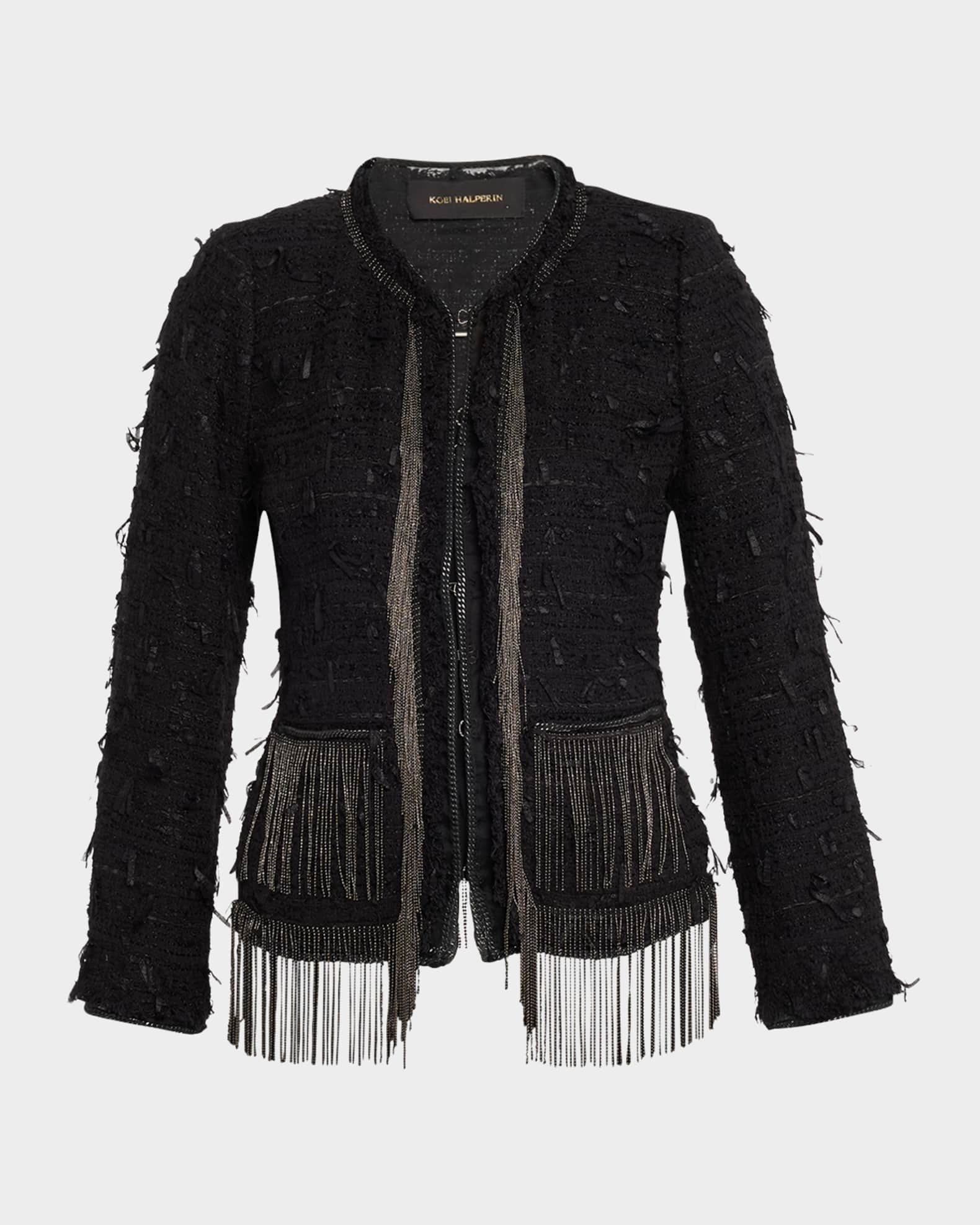 Leyla Chain-Trim Fringe Tweed Jacket 0