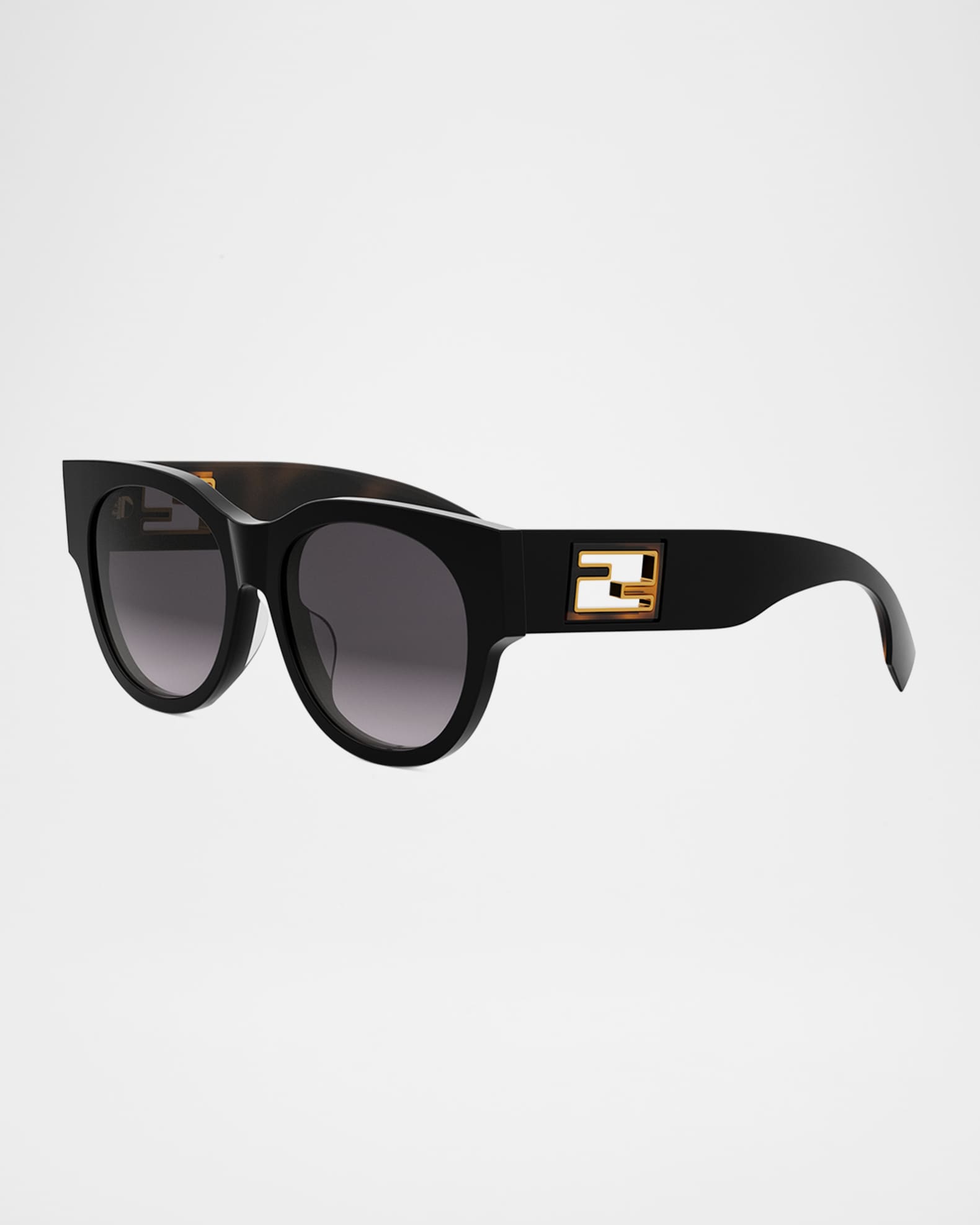 Fendi Baguette Logo Round Acetate Nylon Sunglasses Shiny Black Gradient Smoke