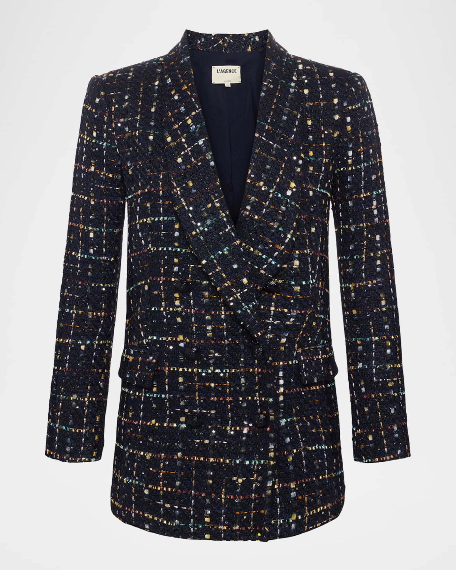 L AGENCE Jayda Double-Breasted Sequined Tweed Blazer Midnight Mustard