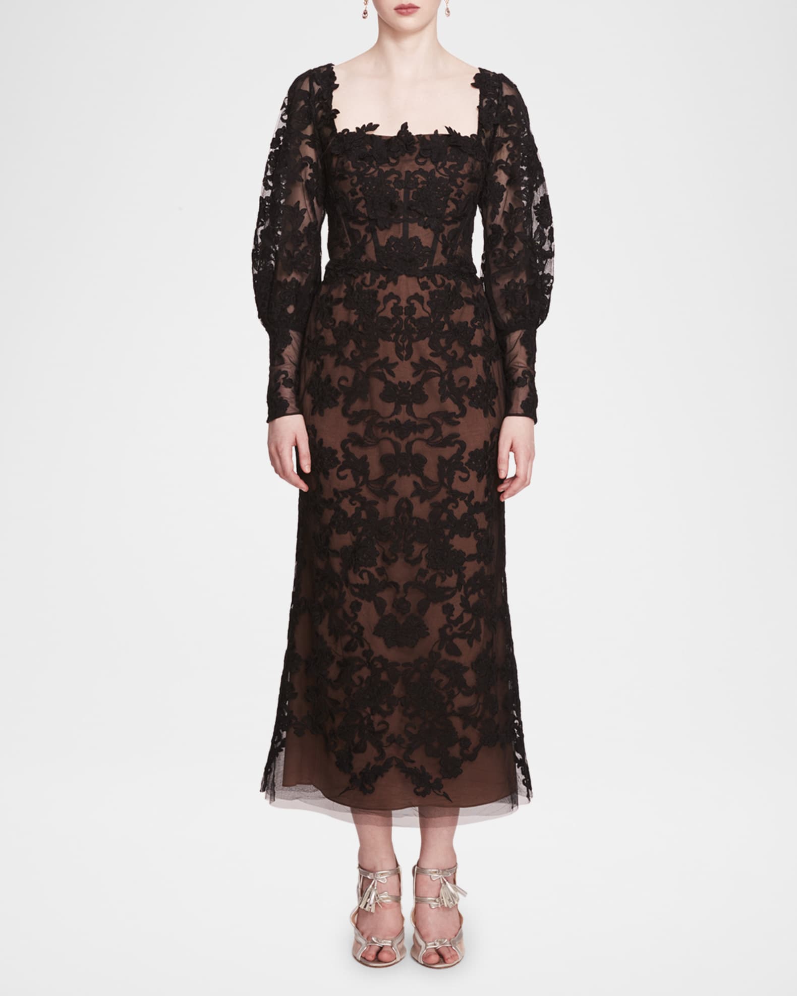 Blouson Sleeve Lace and Applique Maxi Dress