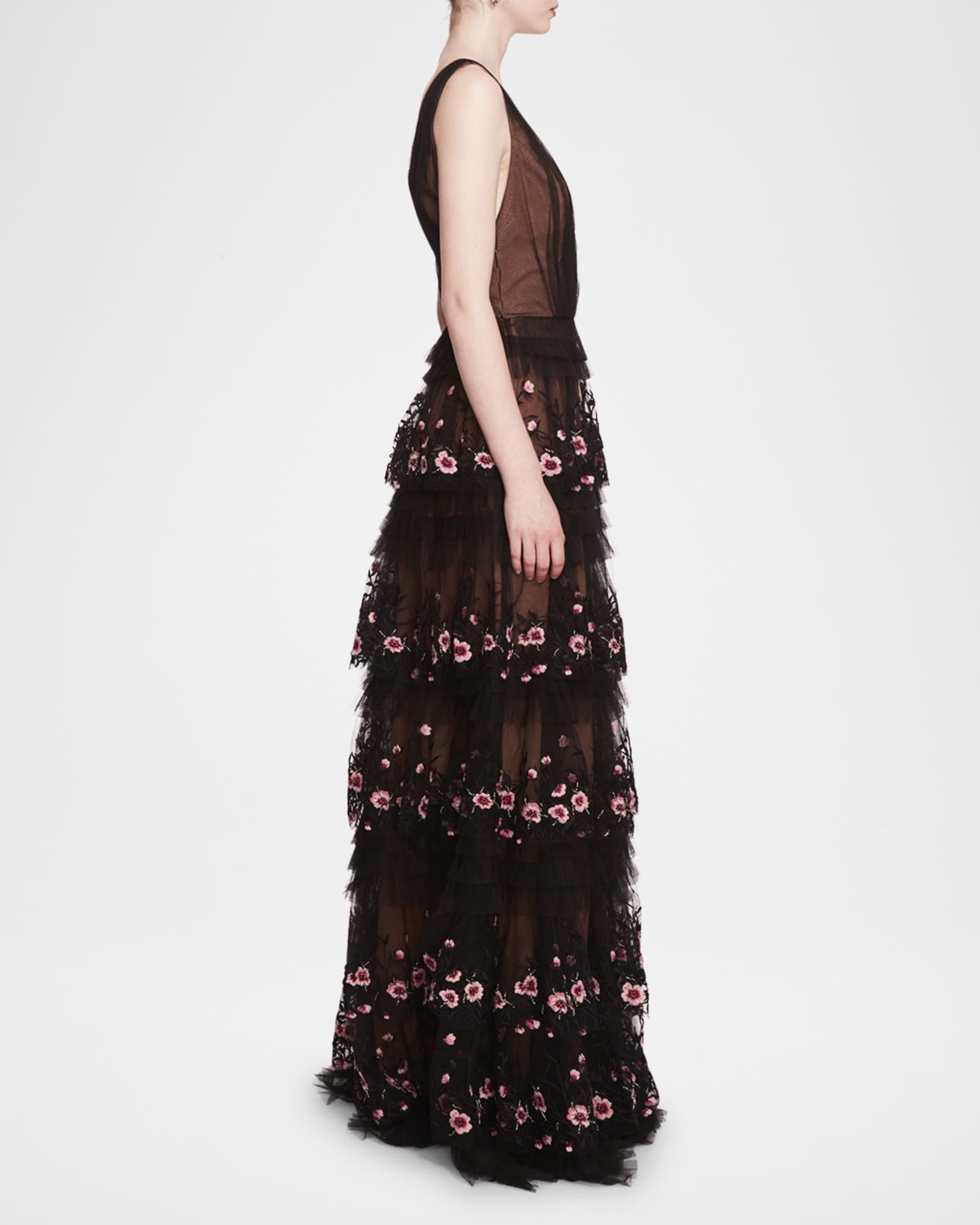 Marchesa Notte Embroidered Deep V Neck Ruffle Gown Neiman Marcus
