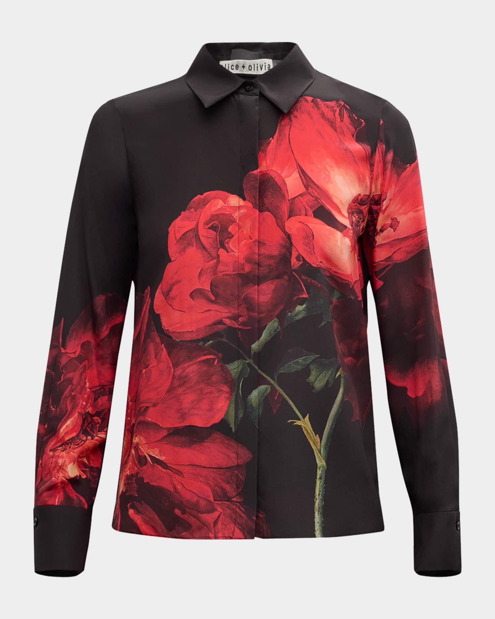 Alice + Olivia Brady Slim Button Down Peony Petals Bright Ruby