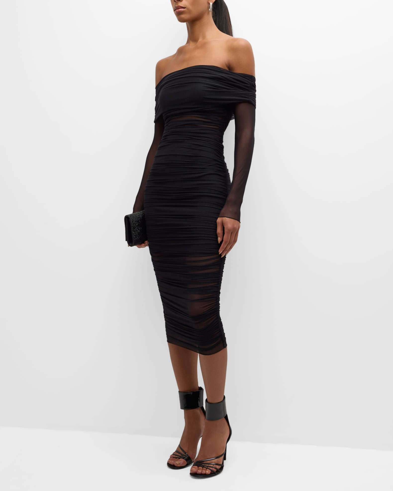 Isadola Off-Shoulder Mesh Ruched Midi Dress - Thumbnail 2