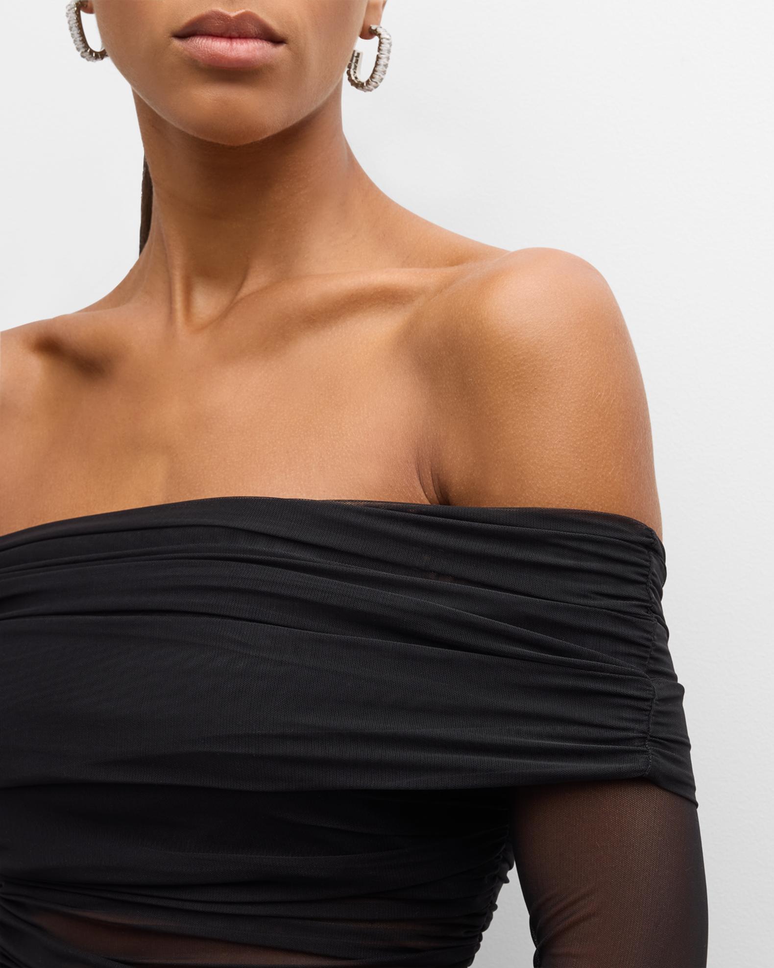 Off Shoulder Mesh Ruched Midi Dress