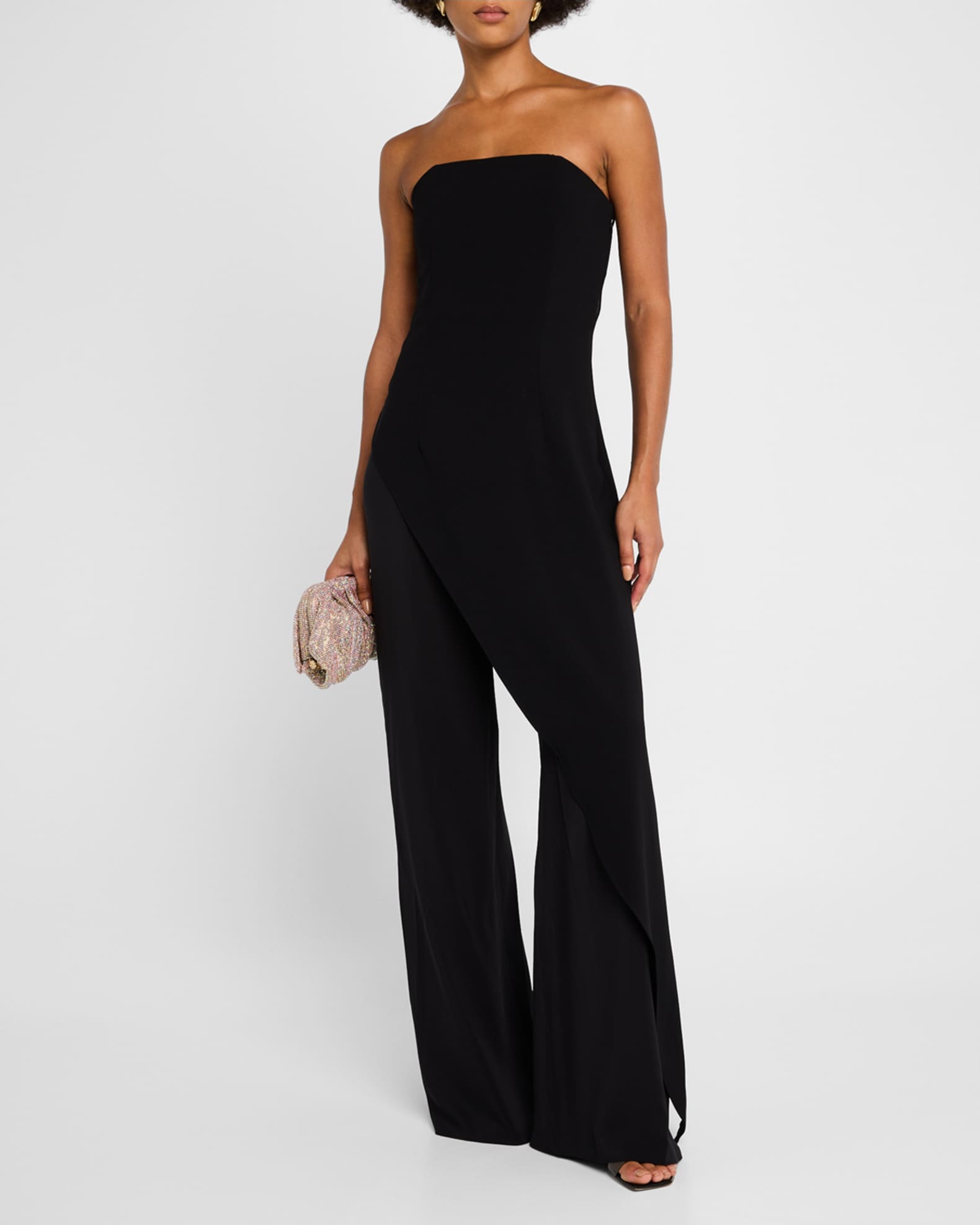 Jumpsuit with Asymmetric Flap and Rhinestone-Trimmed Edge