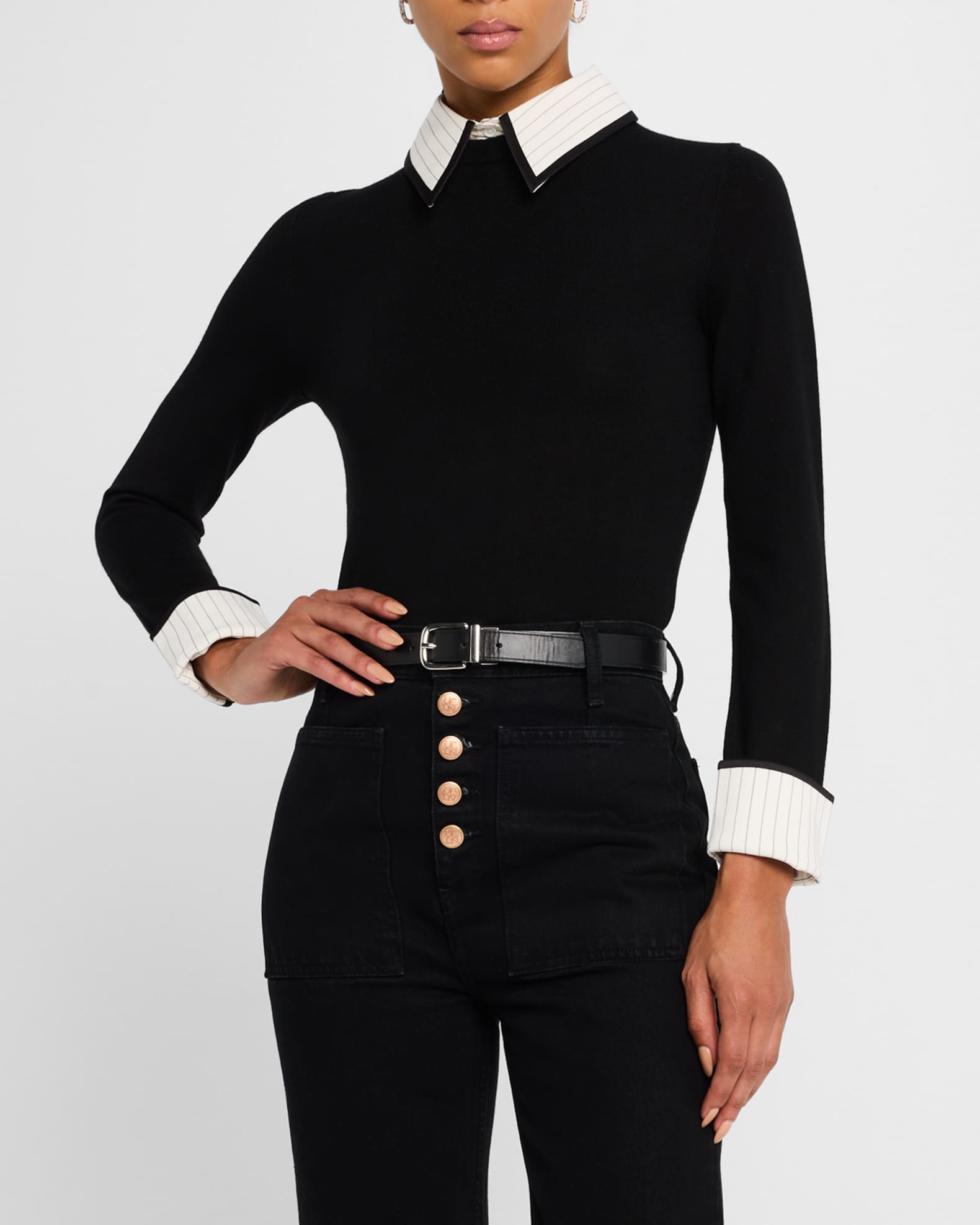 Alice + Olivia Porla Pinstripe Collared Sweater | Neiman Marcus