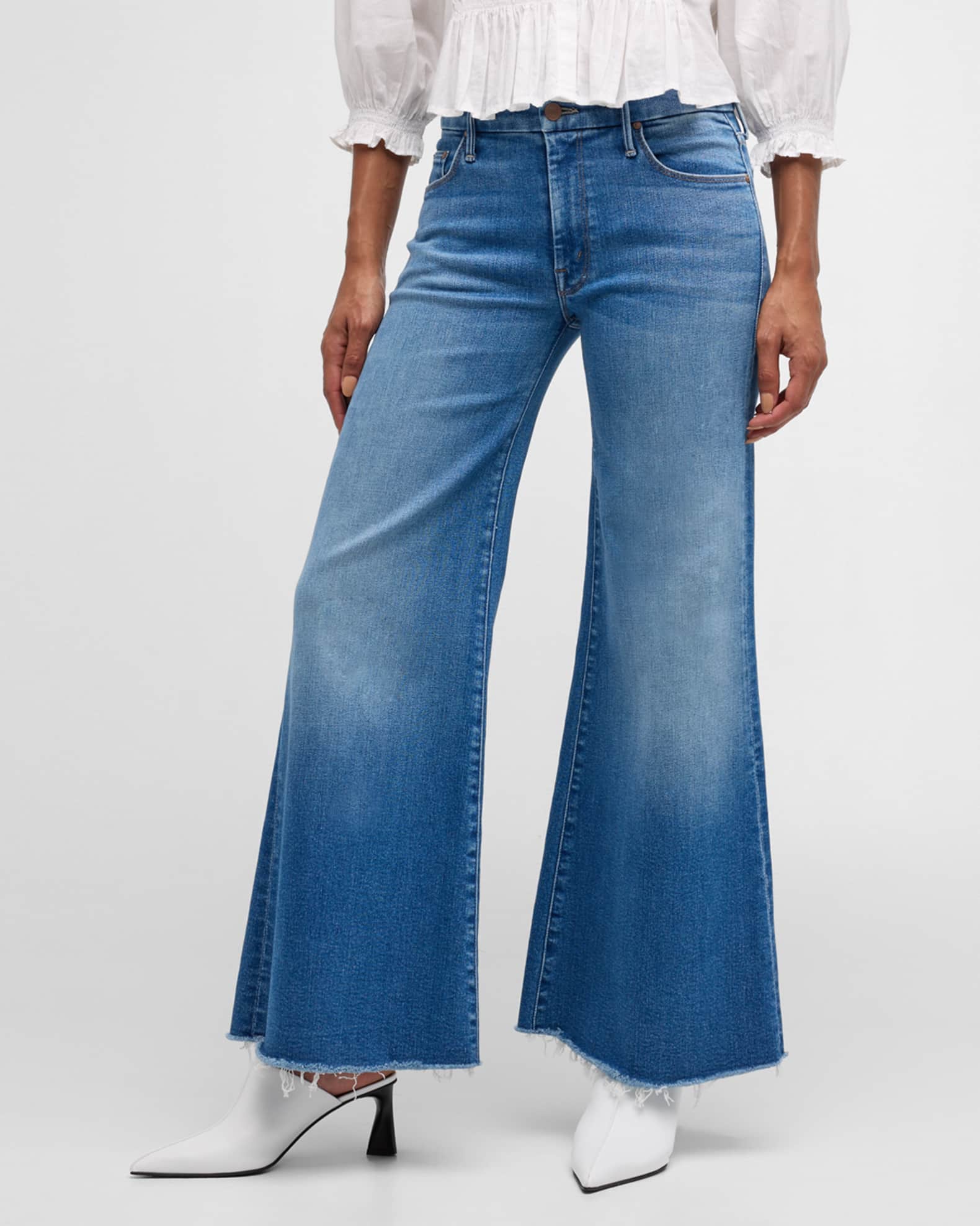 デニム・ジーパン MOTHER Dark Blue Stretch Denim The Roller Fray Jeans Mother The Roller Fray Wide-Leg Jeans | Saks Fifth Avenue