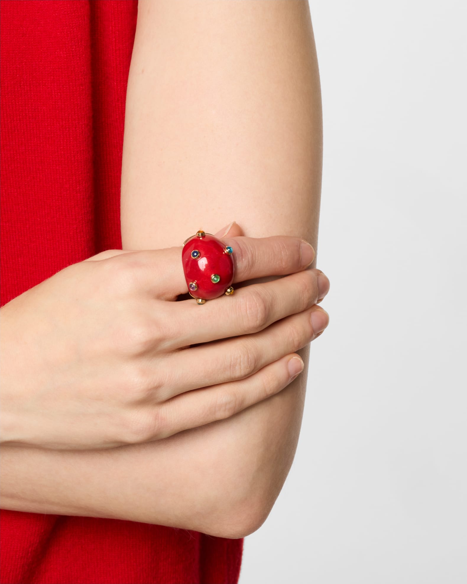 18K Yellow Gold Marquetry Statement Ring with Red Lacquer and Precious Gemstones 1