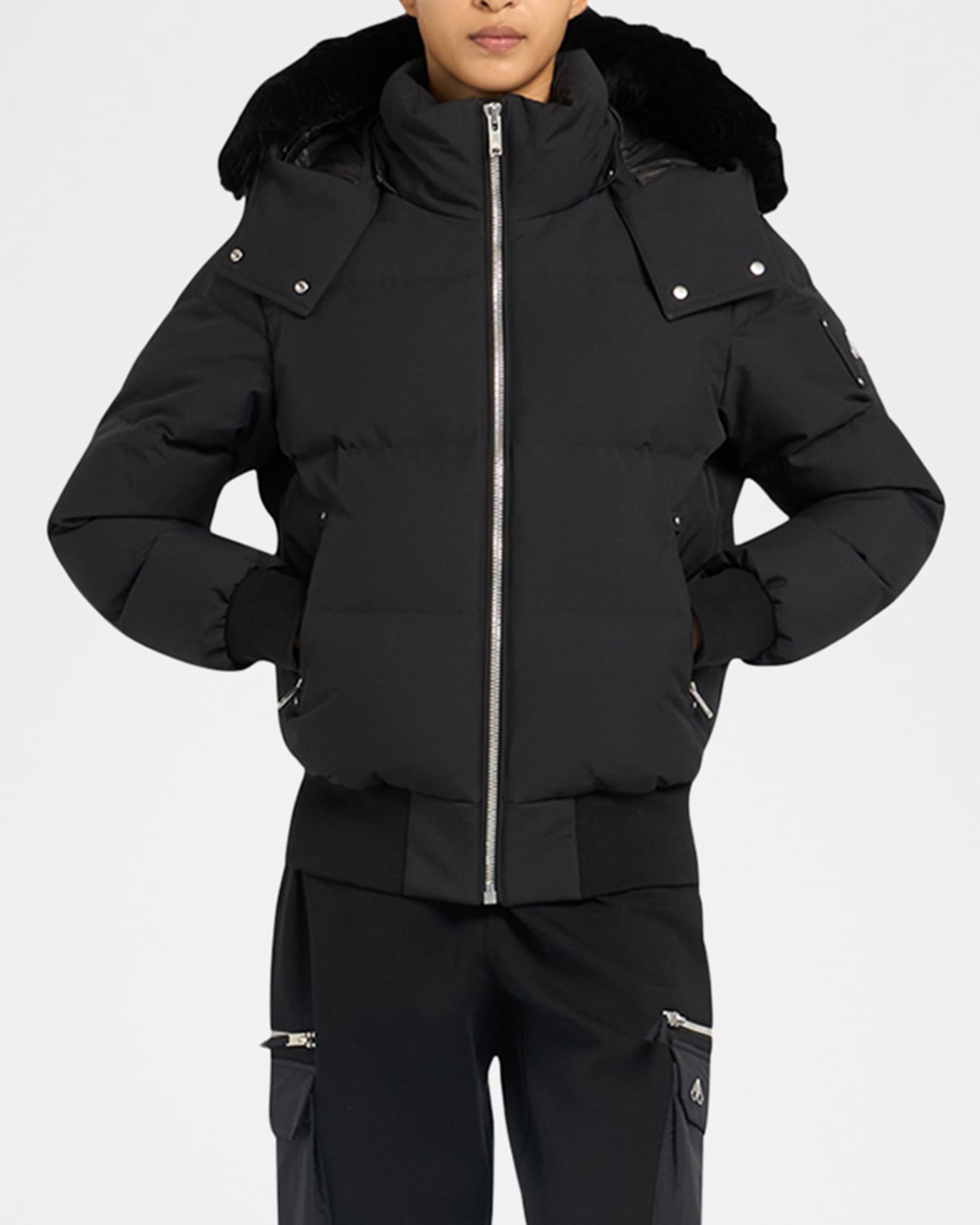 Cloud Bomber Jacket with Detachable Hood and Shearling Trim