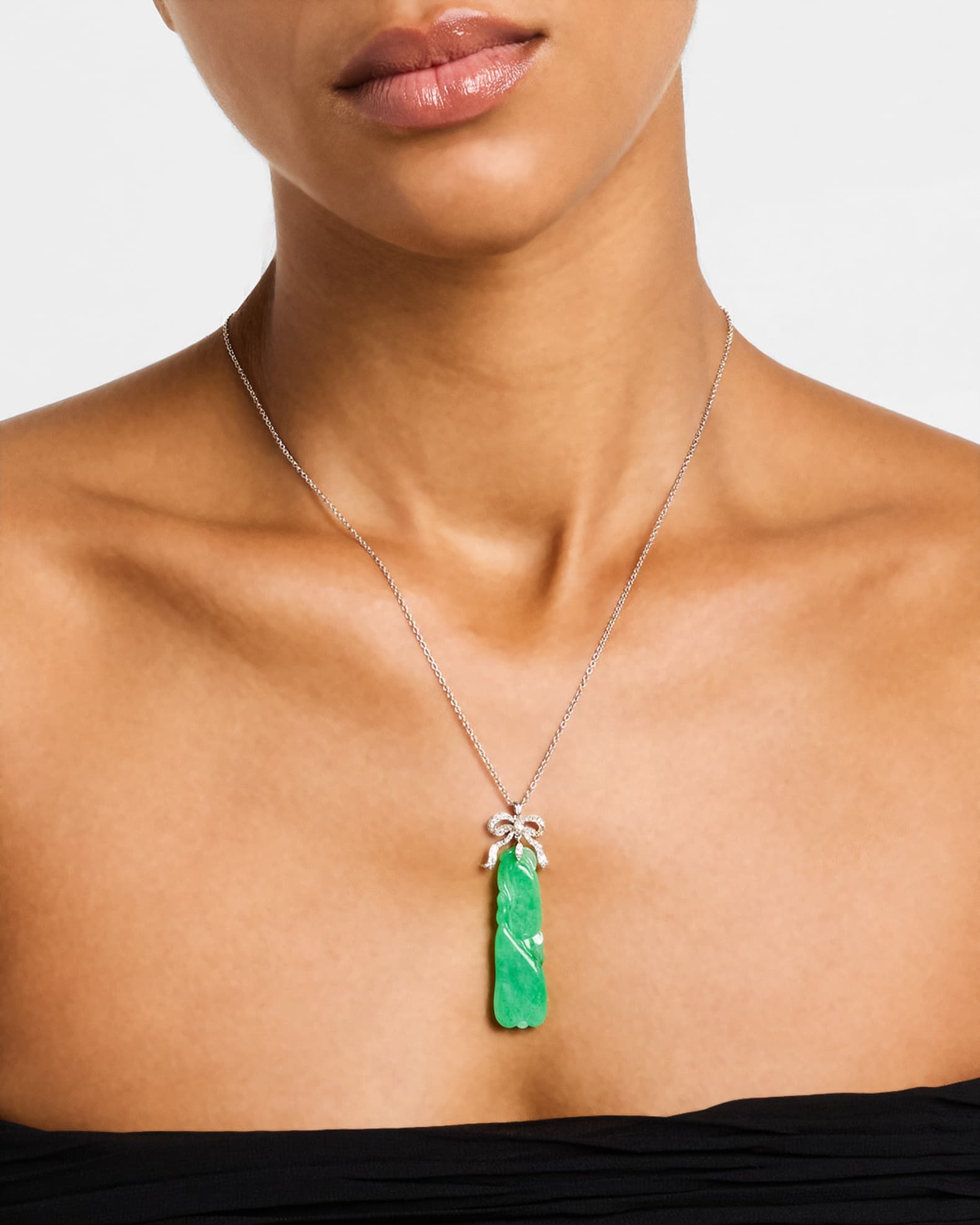 Estate Platinum and 18K Gold Carved Jadeite Pendant Necklace with Diamonds 1